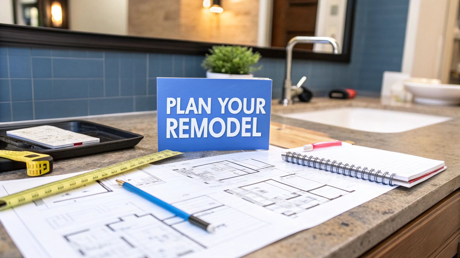 Blueprints on a granite kitchen countertop with blueprints laying on top next to a sink, a yellow tape measure and a blue sign that says plan your remodel.
