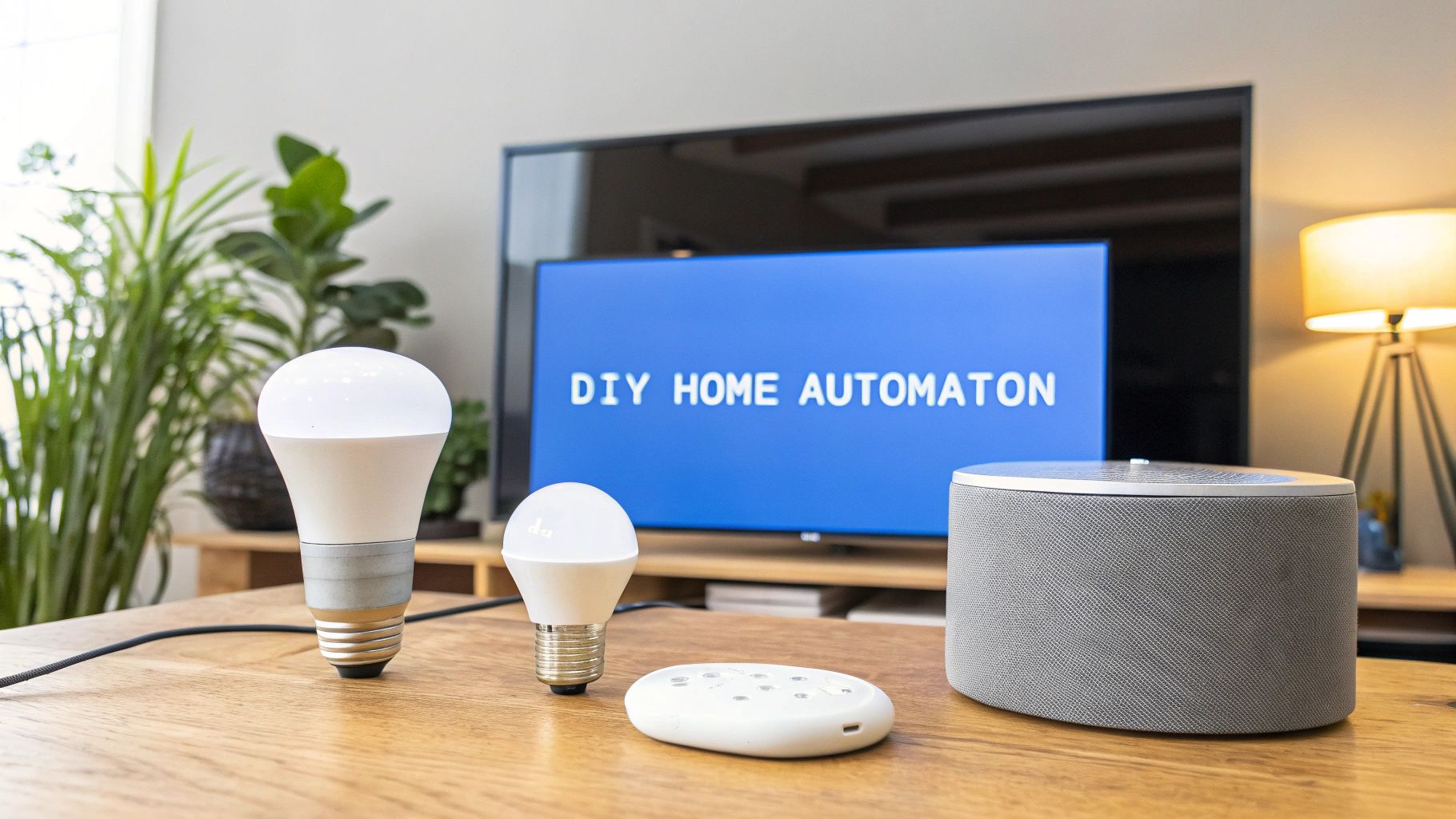 A TV on the wall with a wooden desk in front if it with a smart speaker, smart light bulbs and a smart device on top of it with words on the screen that say DIY Home Automation.