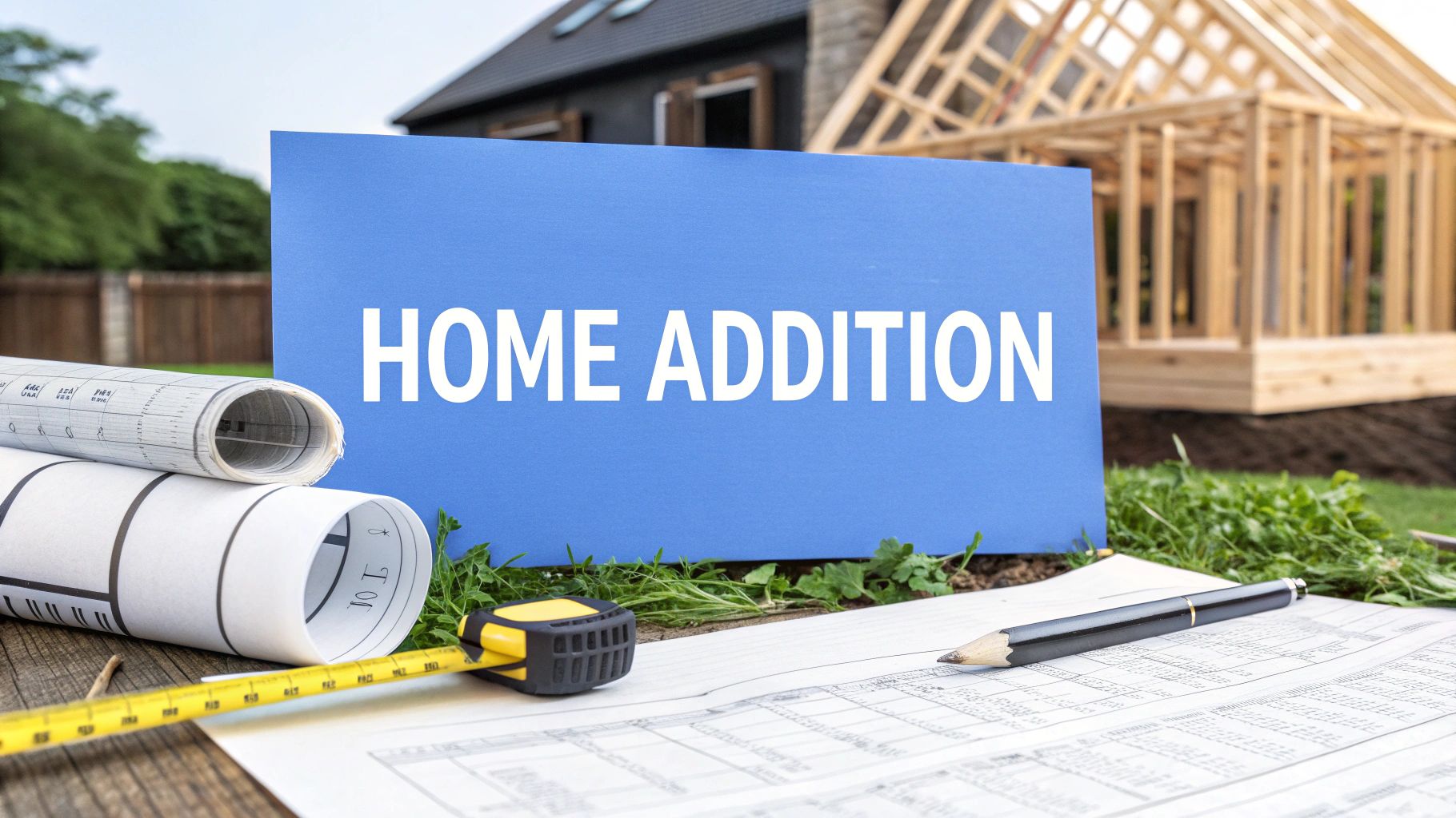 Blueprints on the ground outside with a tape measure and pencil in front of a home that has a room addition being framed with words on a blue sign that says home addition.