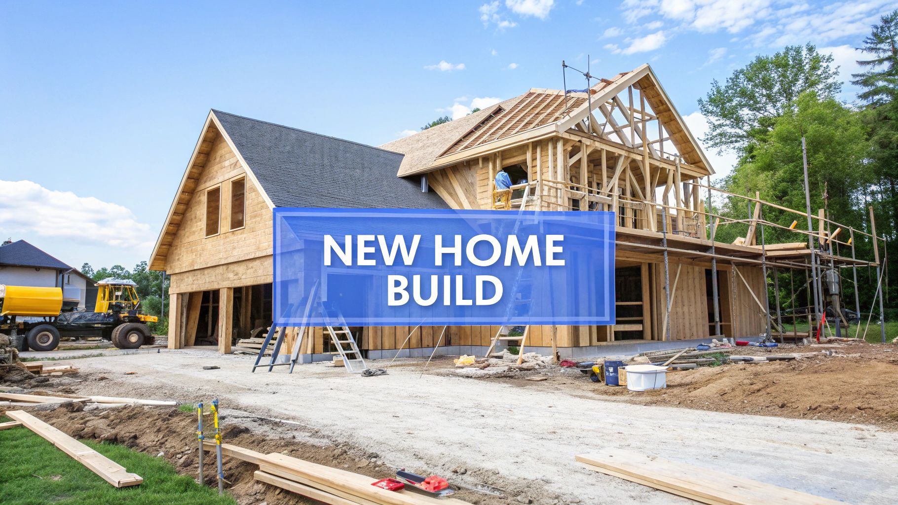 A single family home being framed on a sunny day with a gravel driveway leading to it.
