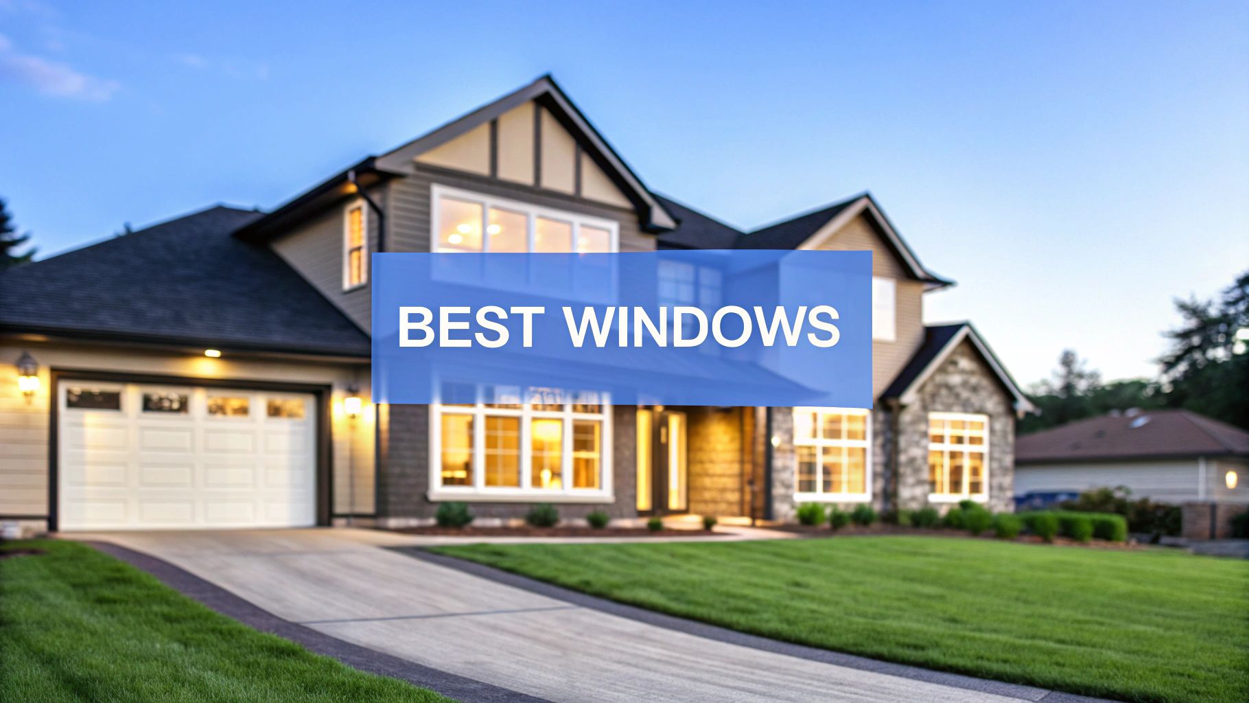 A picture of a large 2 story single family home with words on the image that says best windows.