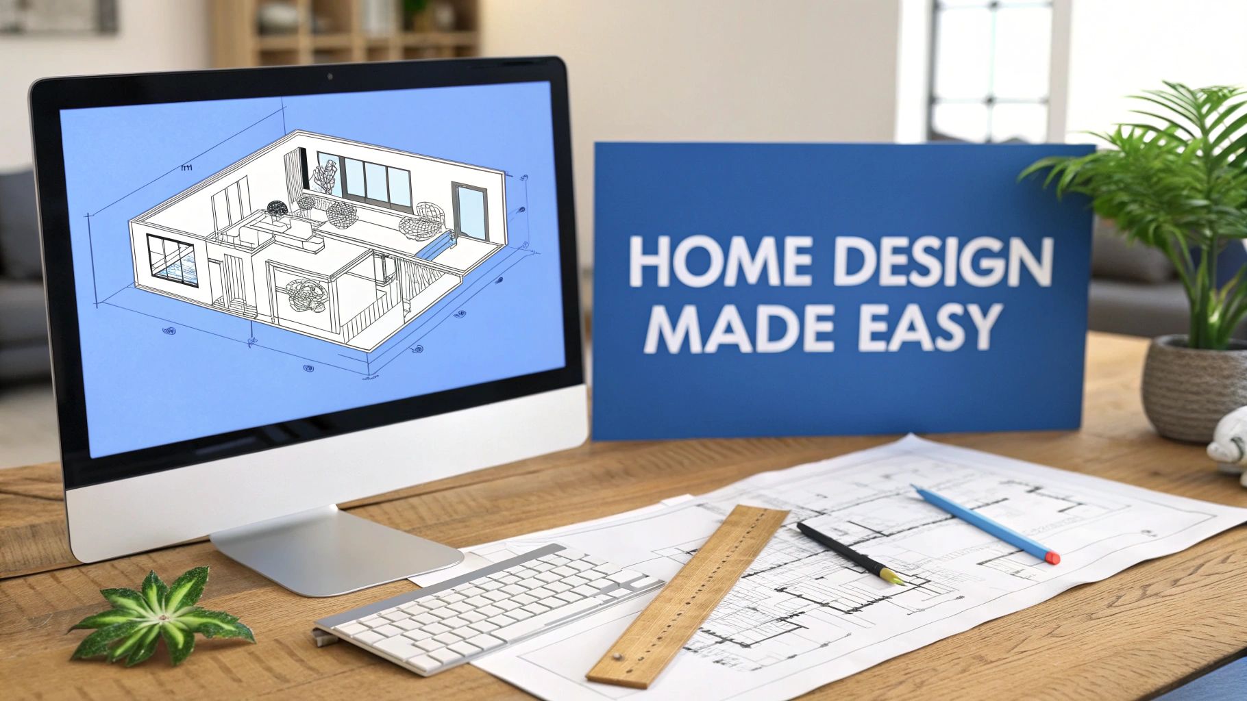 A computer screen showing a 3D model of a home on top of a wooden table with a keyboard, blueprints, pencils and a ruler on it with a blue sign on the screen that says home design made easy.