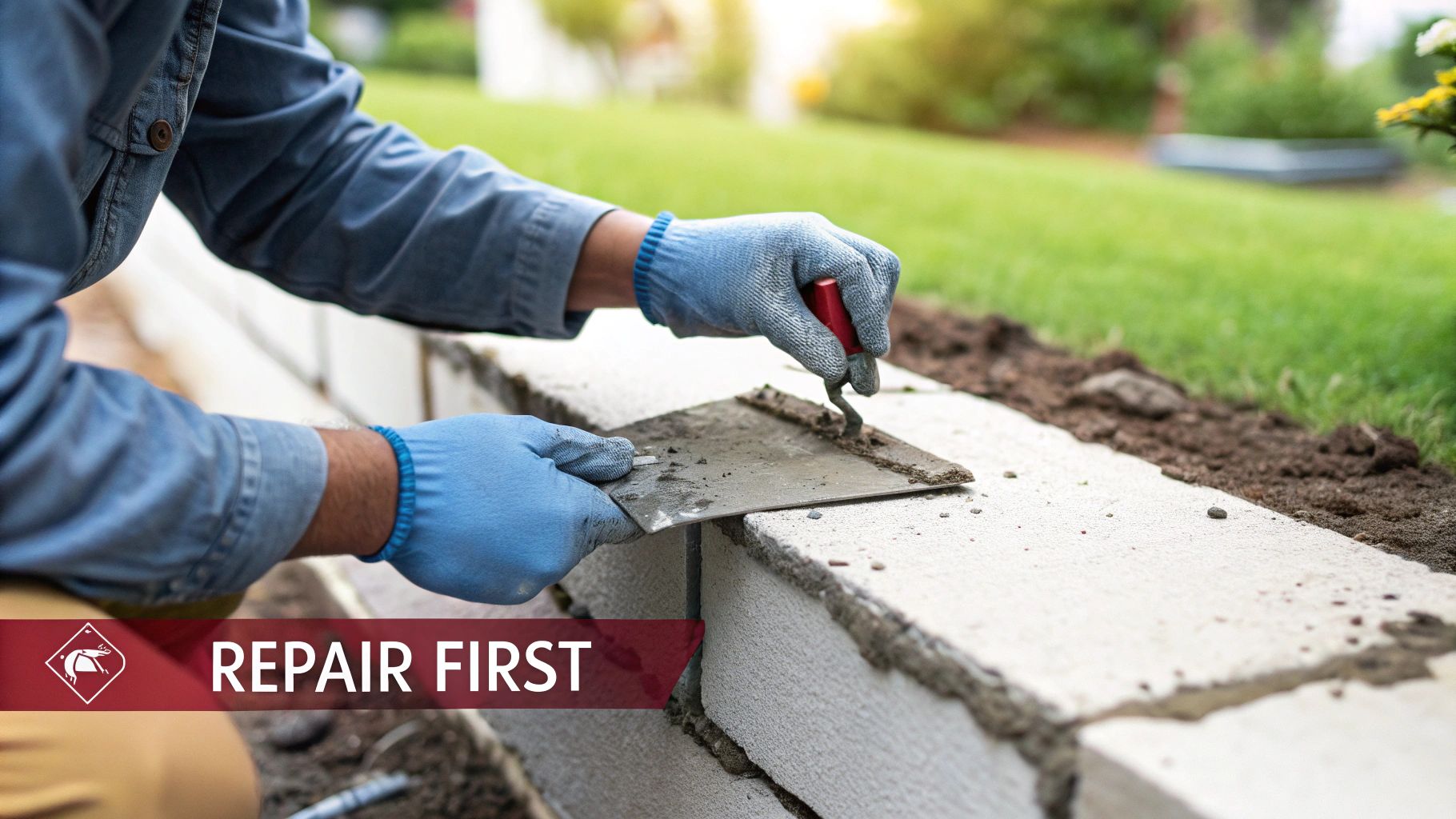 A person in blue gloves uses a trowel to apply mortar on concrete blocks for a wall.