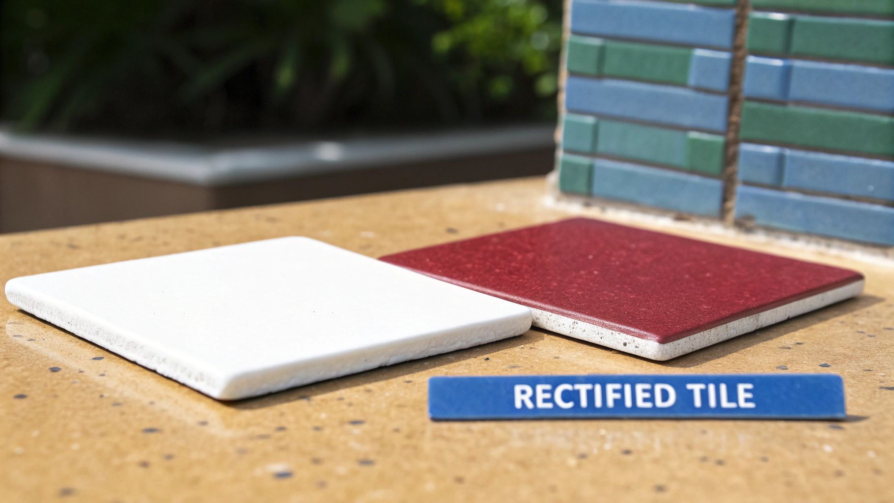 Close-up of a white and a red rectified tile on a speckled surface, with a 'RECTIFIED TILE' label.