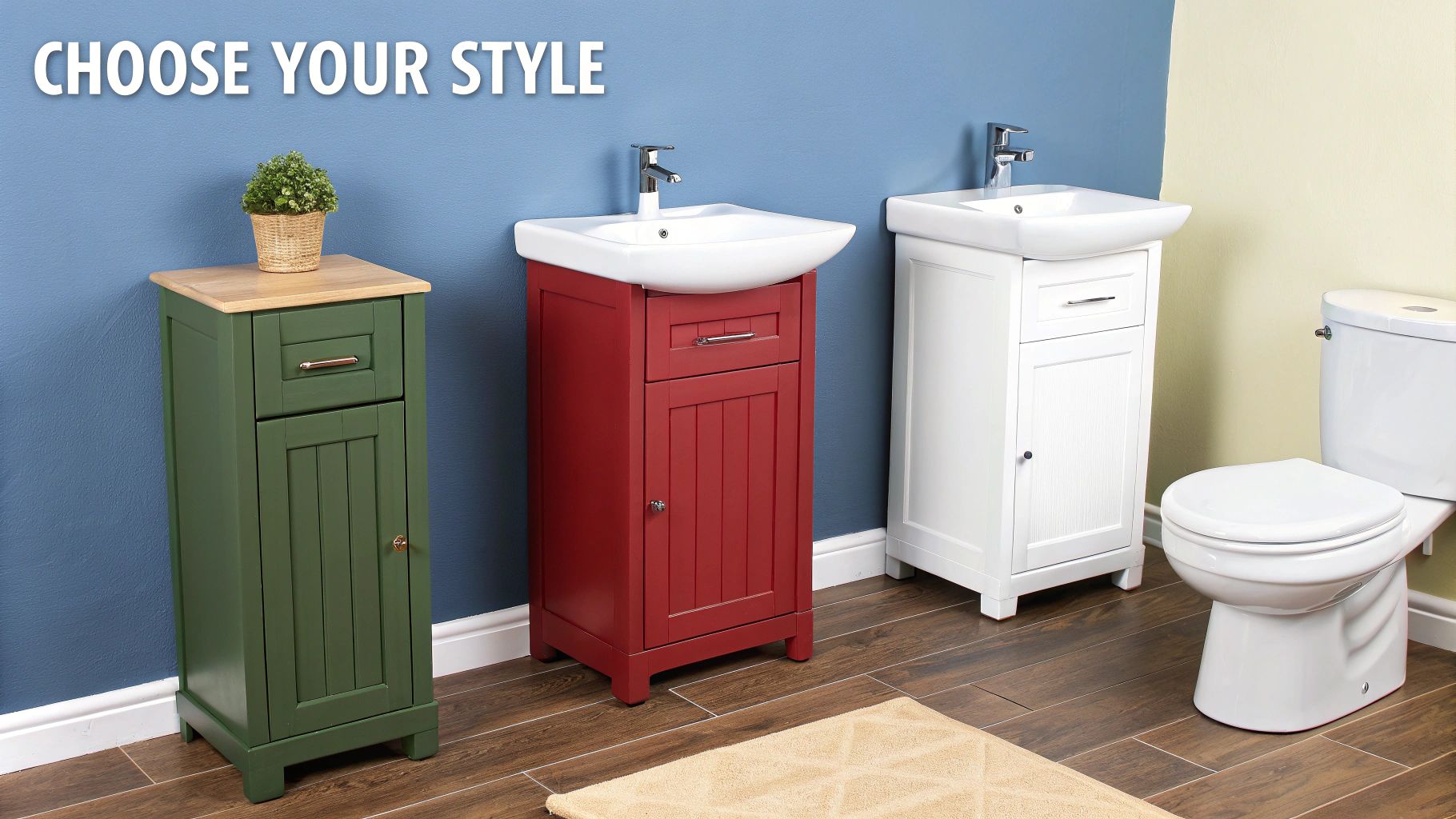 Three stylish bathroom vanities and a storage cabinet in green, red, and white colors.