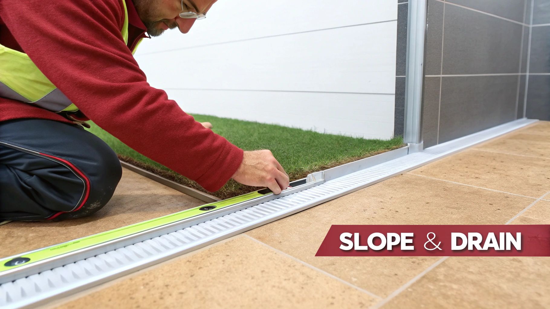 A contractor applying waterproofing membrane to a walk-in shower floor.