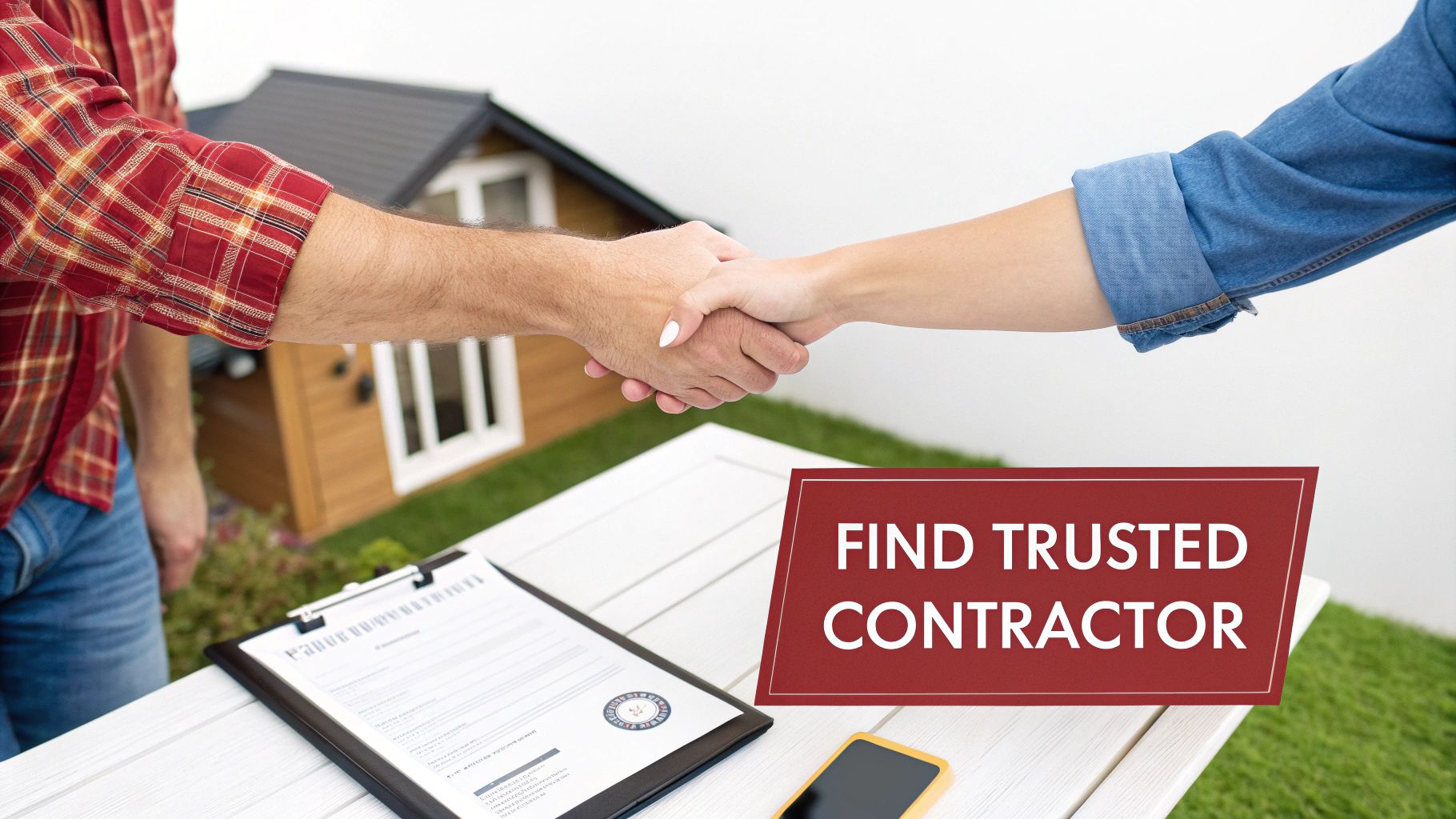 Two people shaking hands over a contract on a white table, with a model house and a 'Find Trusted Contractor' sign.