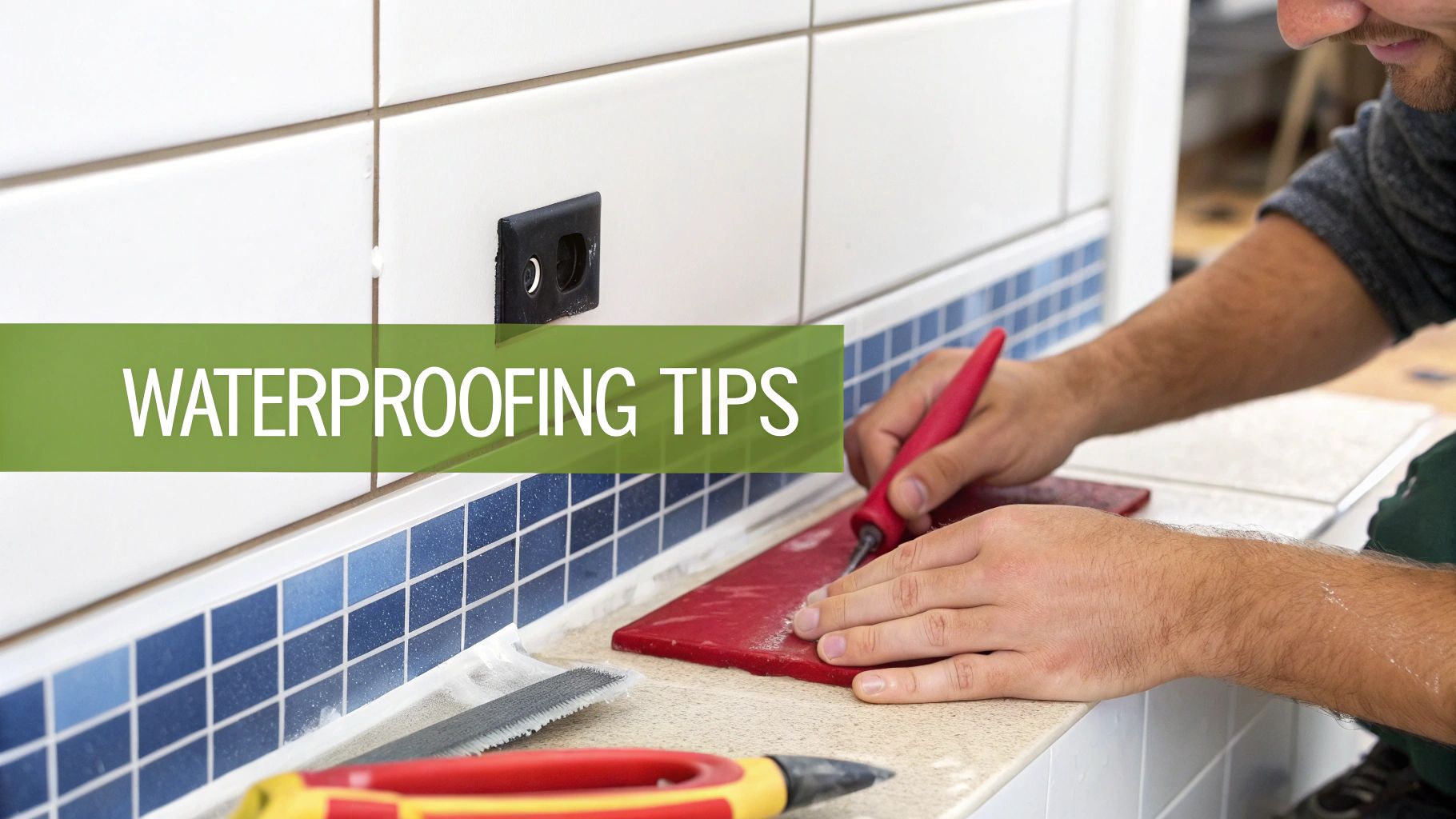 Hands applying sealant to white and blue tiles for bathroom waterproofing, with 'WATERPROOFING TIPS' text.