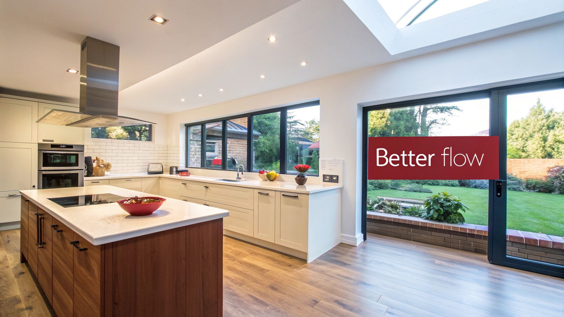 A bright, spacious modern kitchen with a large island, light cabinets, and sliding doors to a garden.
