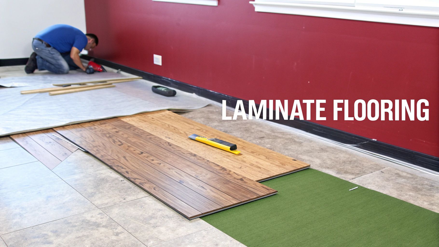 A person kneels, installing laminate wood flooring planks on a gray underlayment next to a red wall.