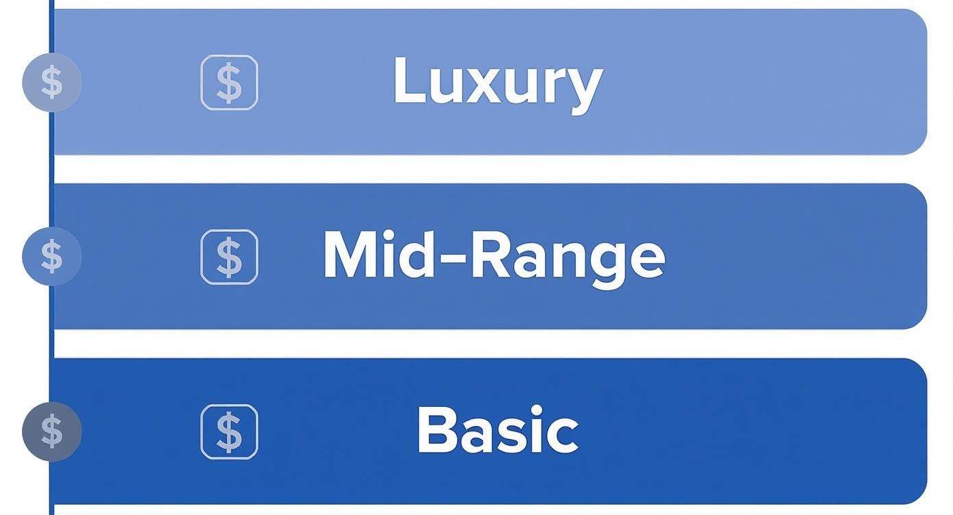 Three cost categories: Luxury, Mid-Range, and Basic, indicated by dollar signs.