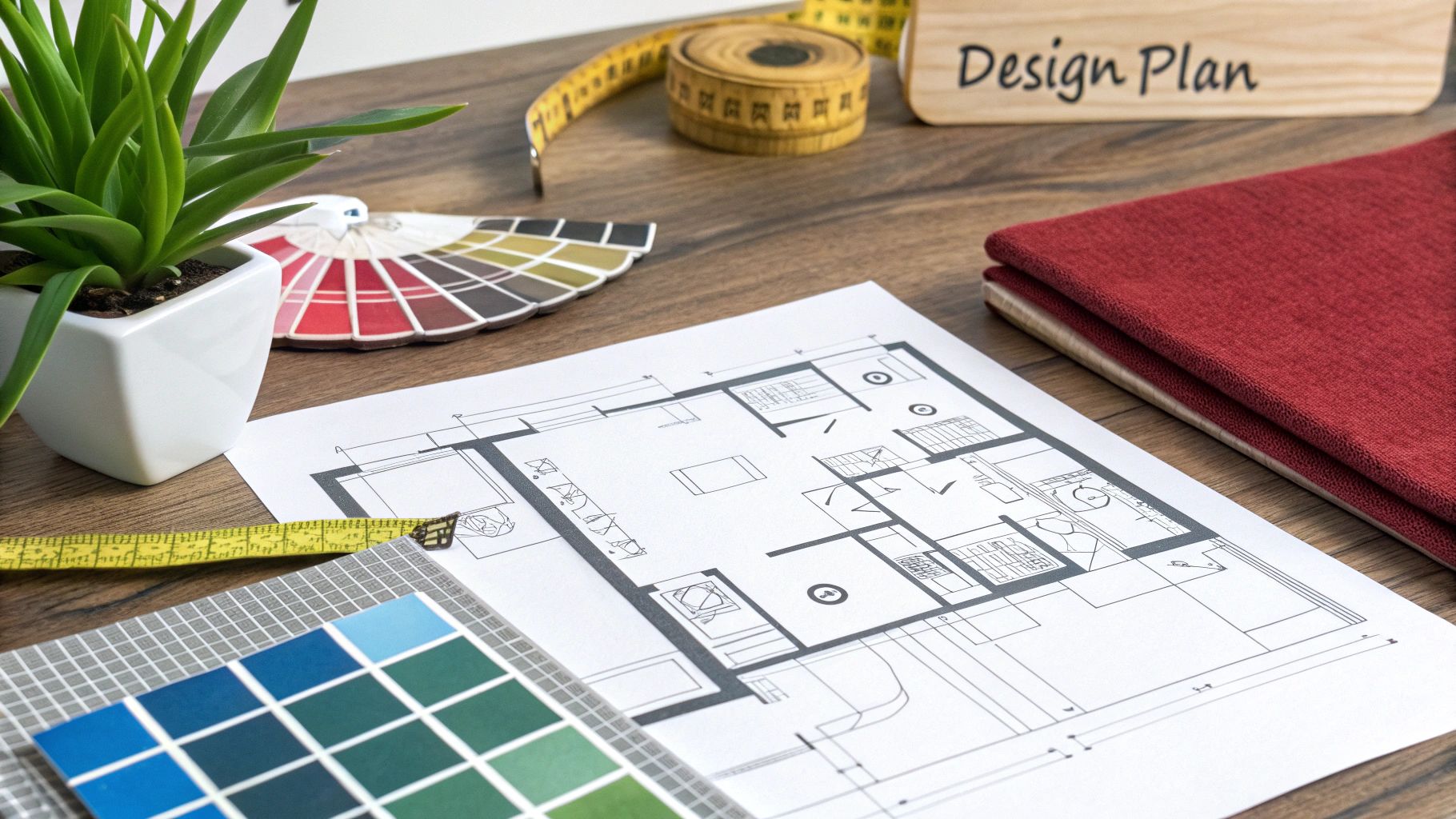 Overhead view of an interior design workspace with a blueprint, color swatches, measuring tape, and a 'Design Plan' sign.