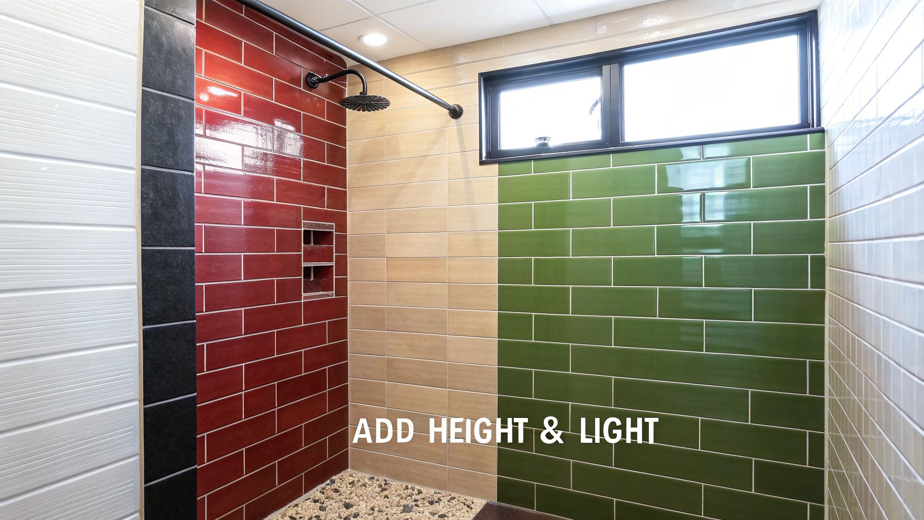 A vibrant tiled shower featuring walls in red, beige, green, and white, with a window and shower niche.