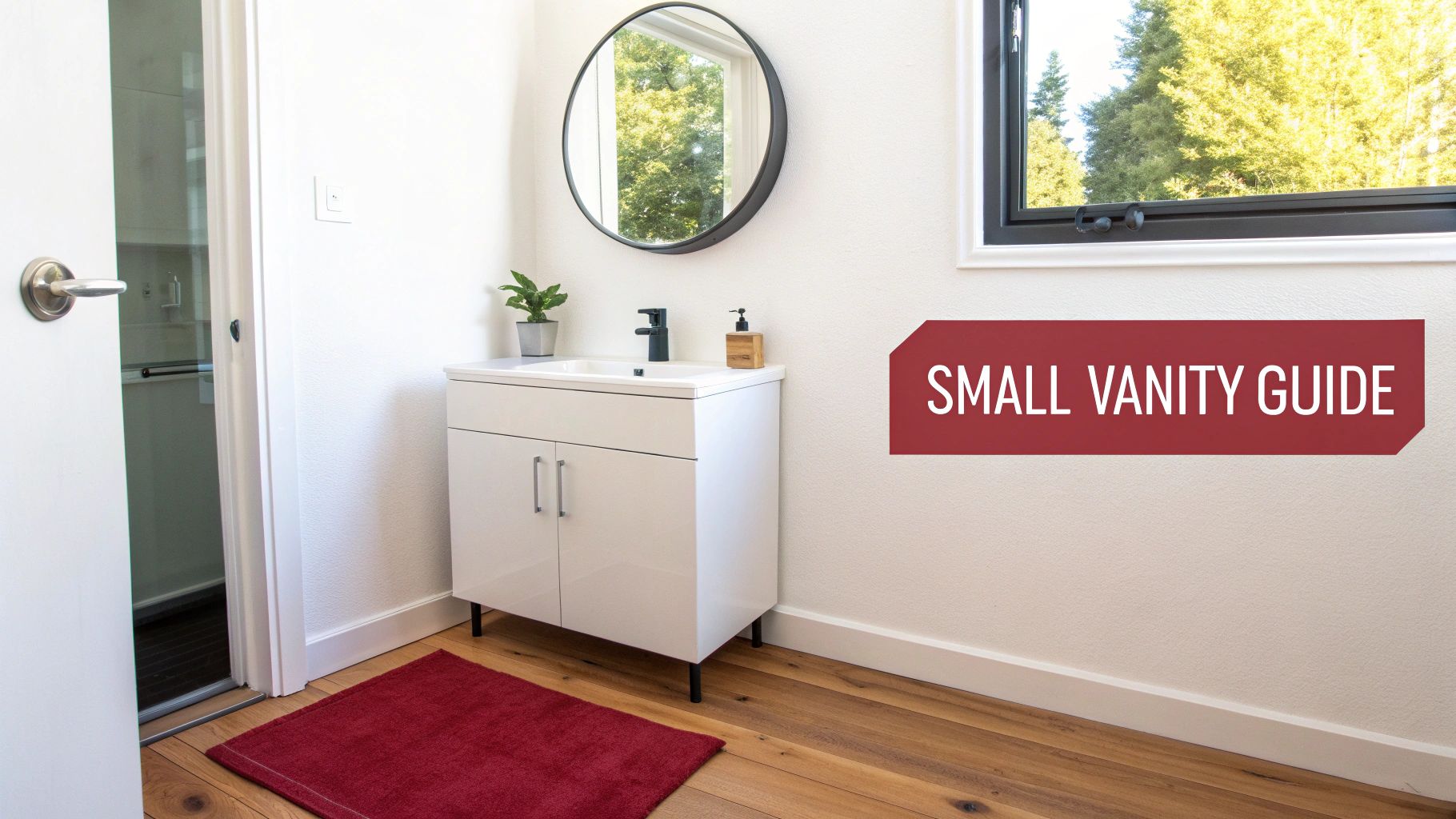 A bright, modern small bathroom features a white vanity, round mirror, and a red bath mat.