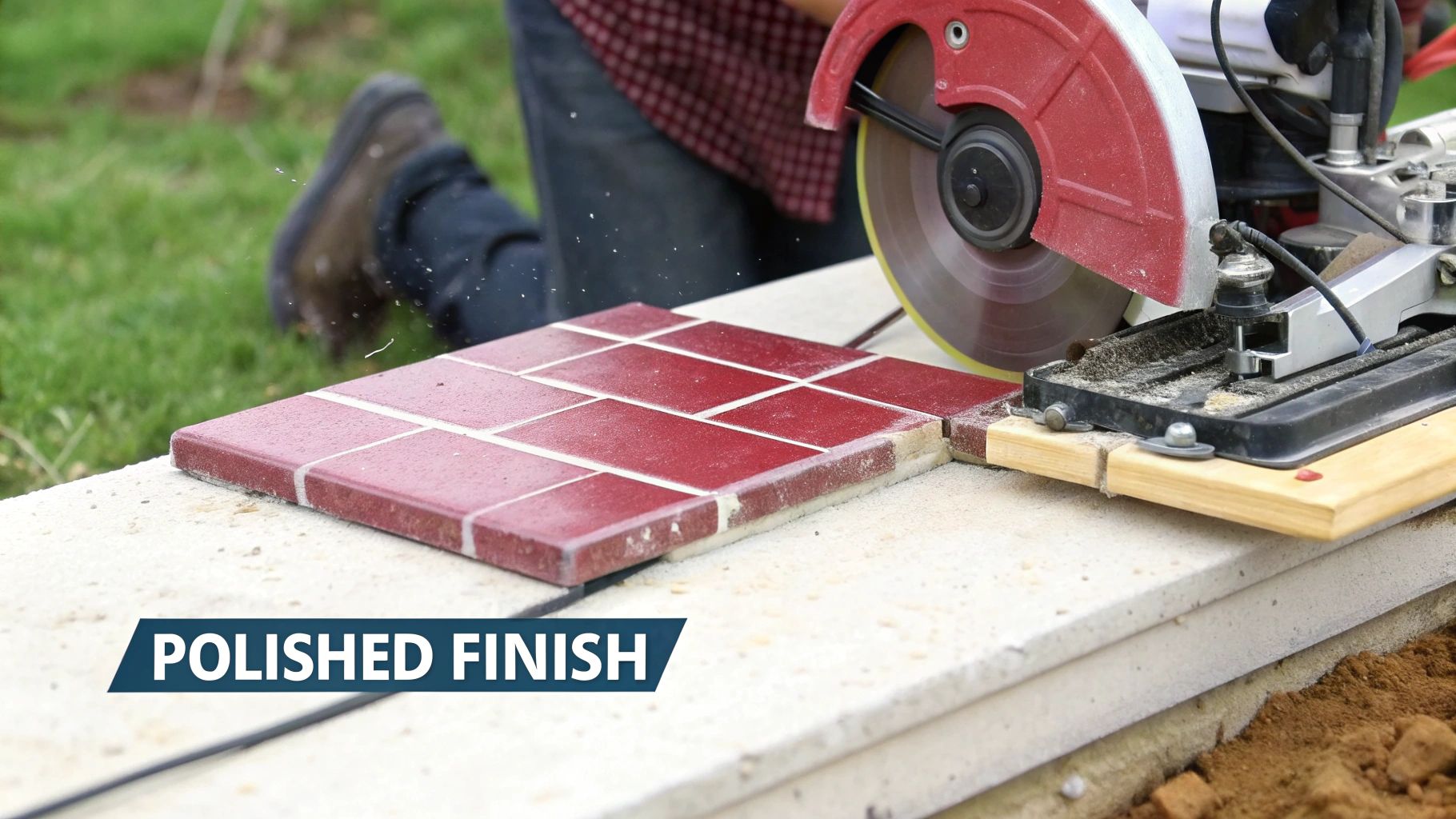 A person uses a power saw to cut a red tile with a grid pattern, creating a polished finish.