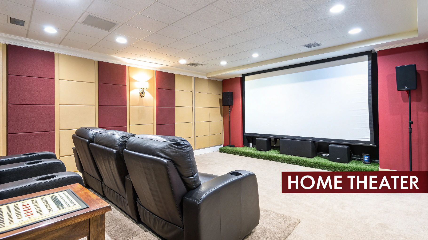 Stylish basement home theater featuring plush recliners, a large screen, and acoustic wall panels.
