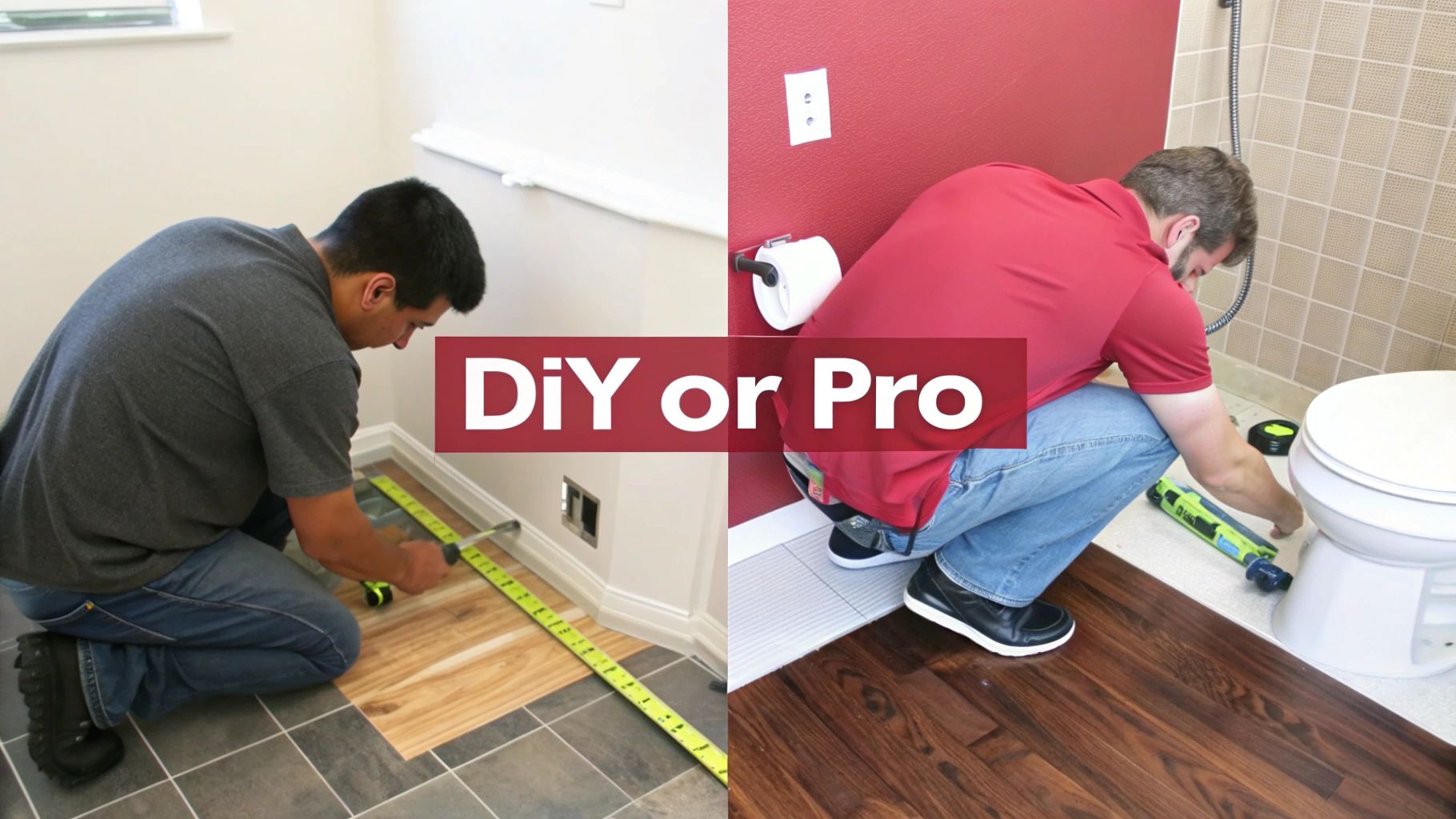Two men installing different types of flooring, posing the question 'DiY or Pro' for home renovation projects.