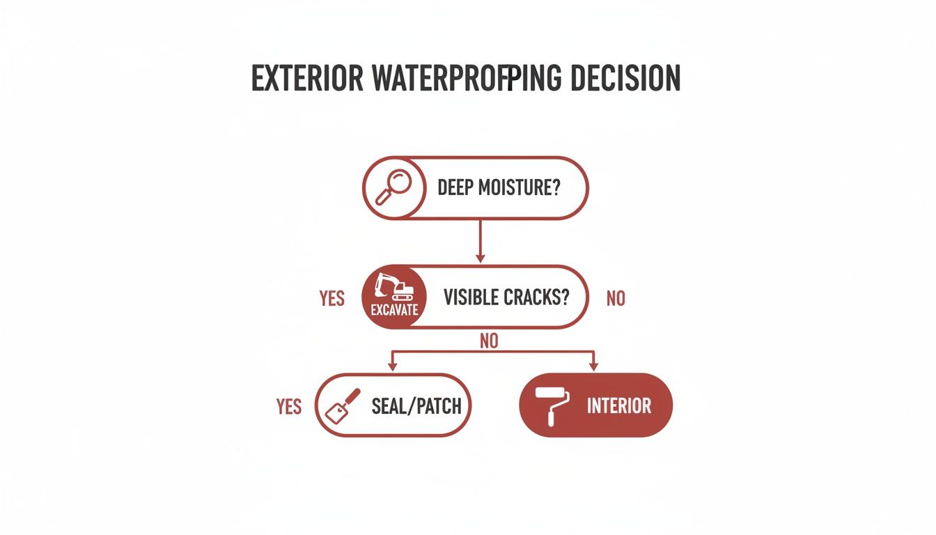 A flowchart detailing exterior waterproofing decisions, guiding steps from identifying deep moisture to repair methods.