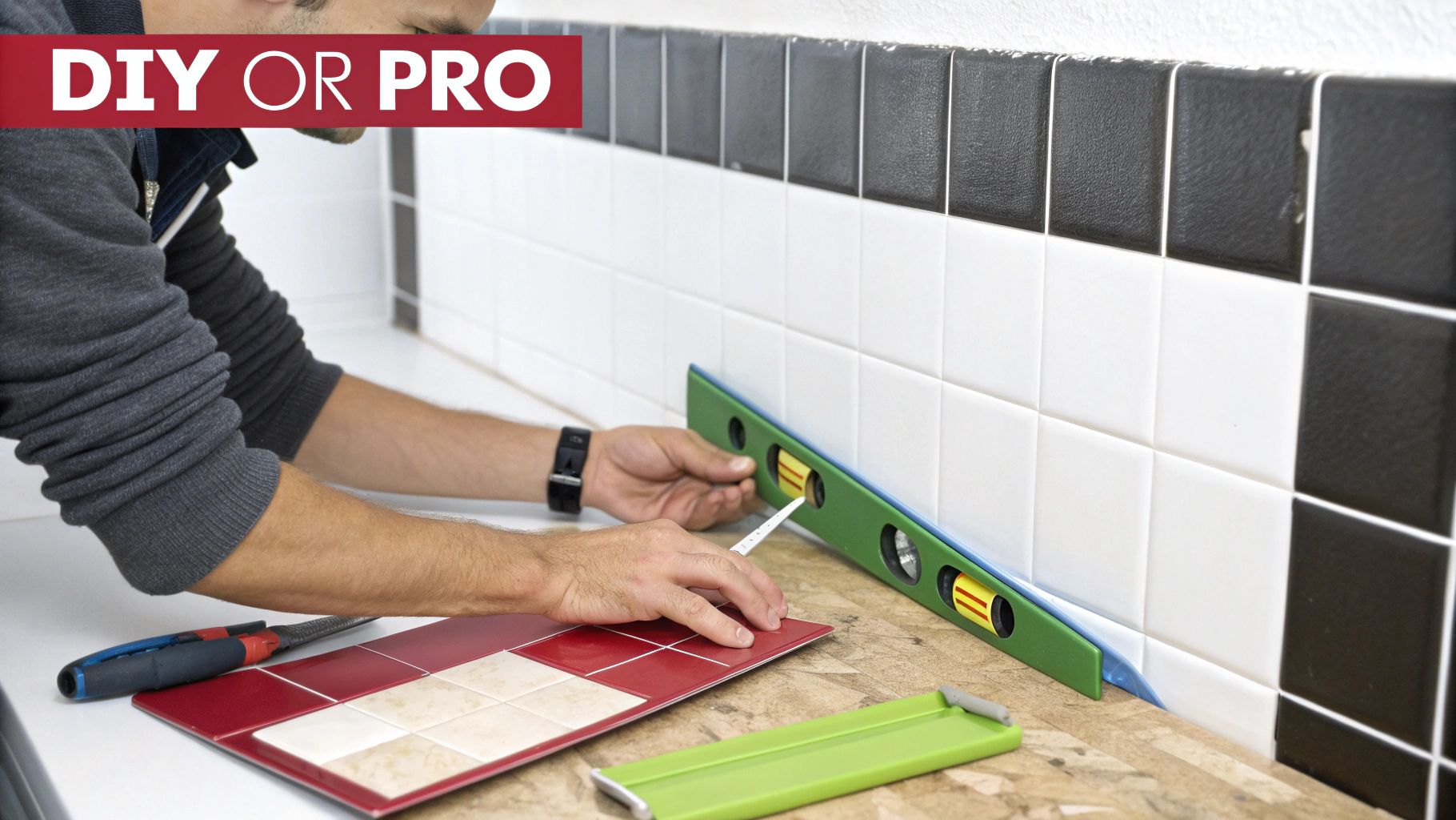 A person carefully installing white subway tiles on a kitchen wall, demonstrating a DIY backsplash project.