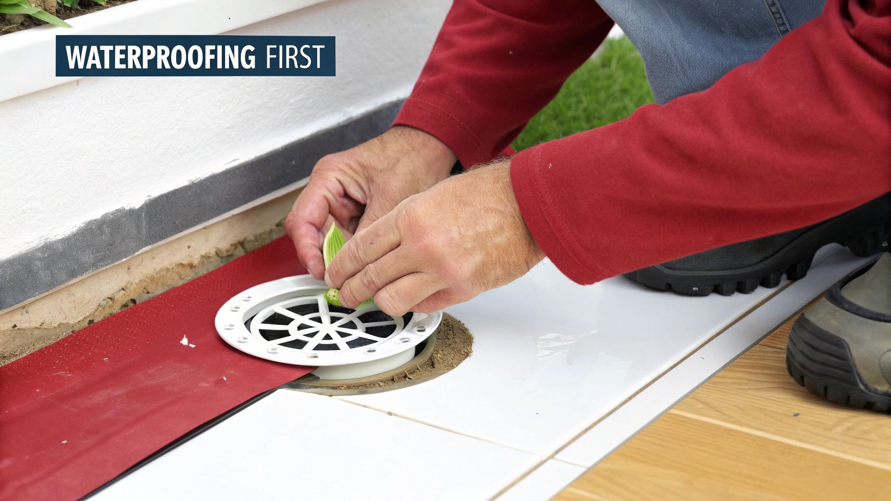 A worker applying a waterproof membrane to the floor of a curbless shower during installation.