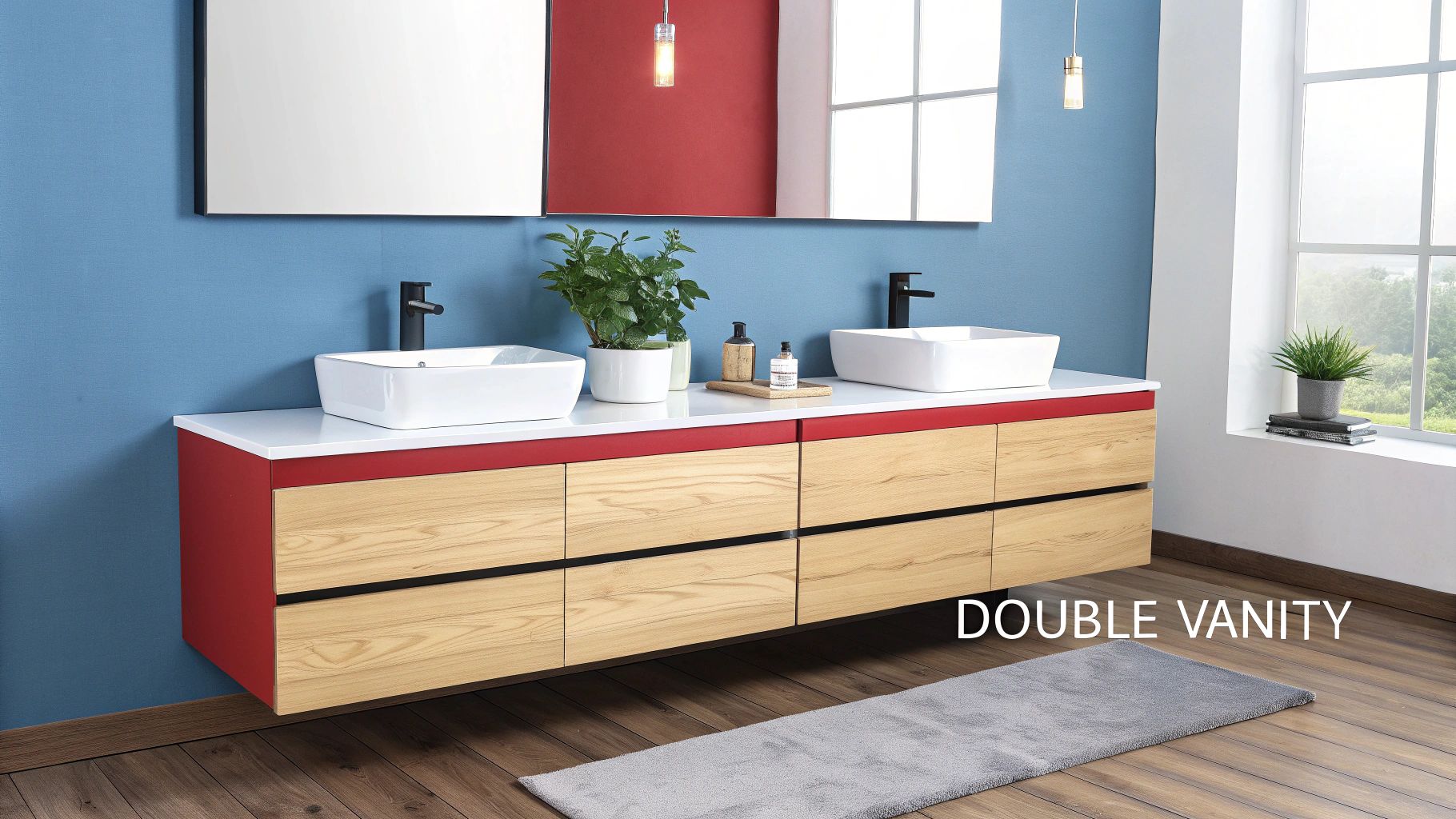 A modern bathroom features a double vanity with two vessel sinks, red and blue walls, and a large window.