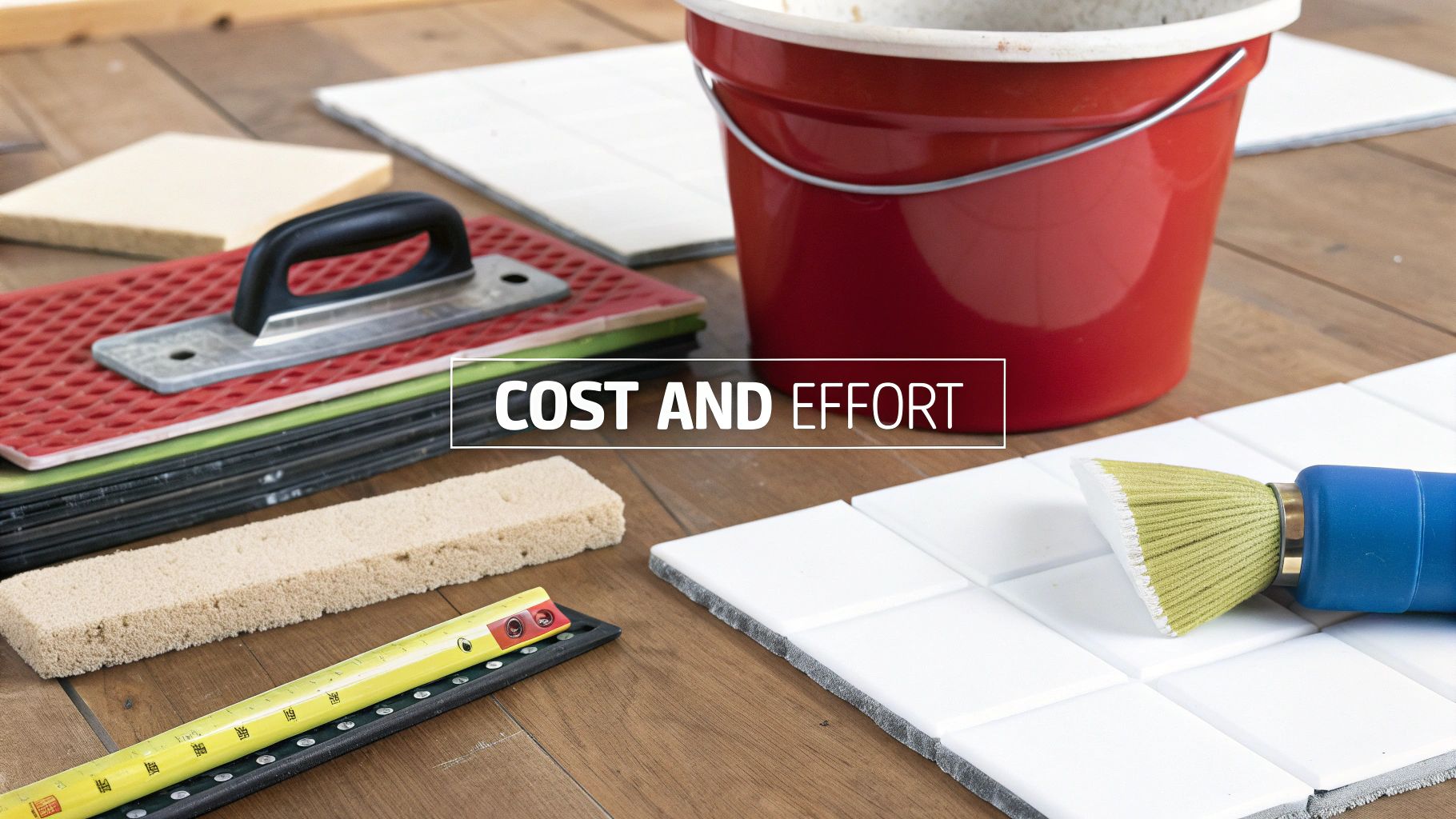 Tiling tools and materials for home renovation, including grout bucket, floats, white tiles, and brush, on a wooden floor.