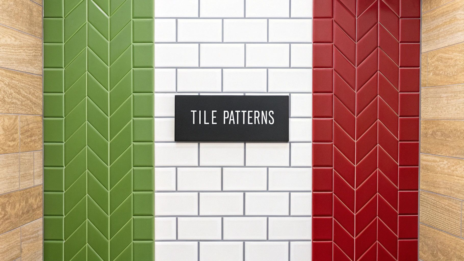 Green, white, and red tile patterns forming an Italian flag design with a 'TILE PATTERNS' sign.