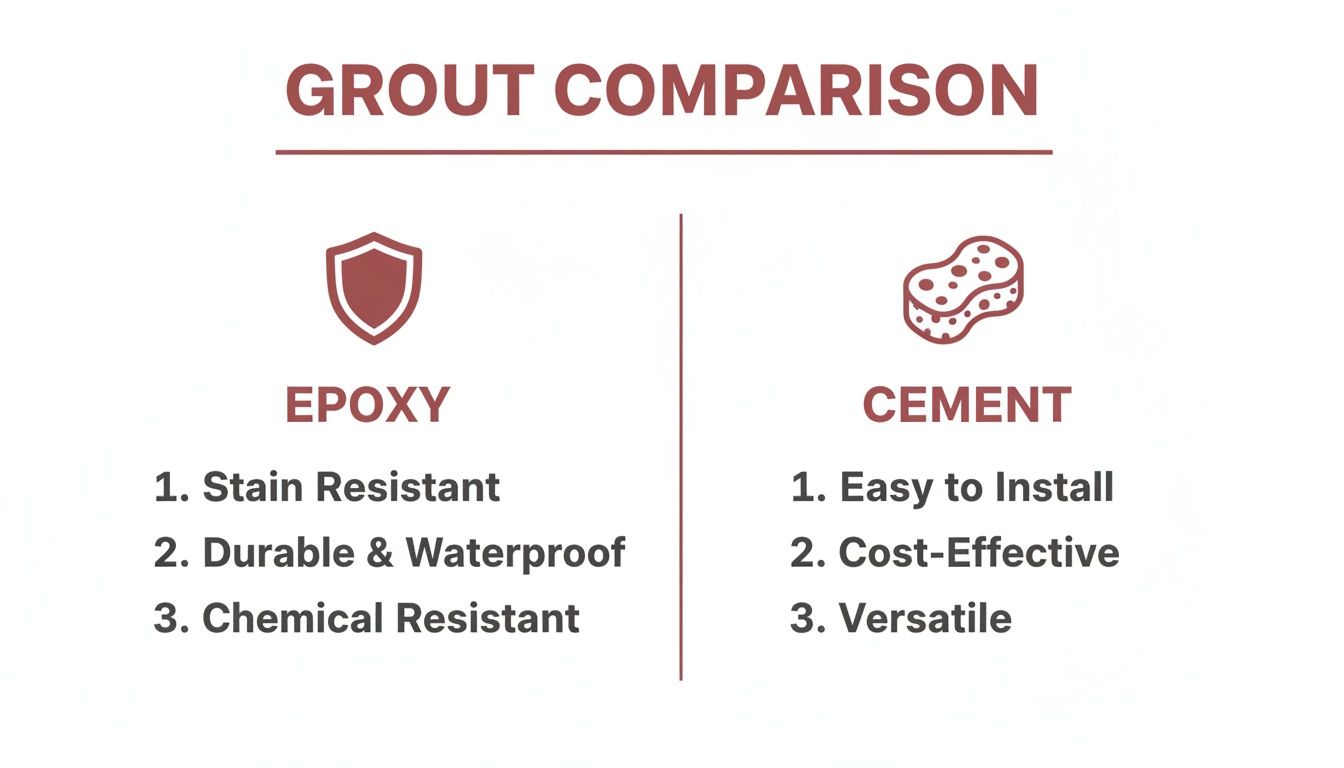 A clear comparison table outlining the key features of epoxy grout and cement grout.