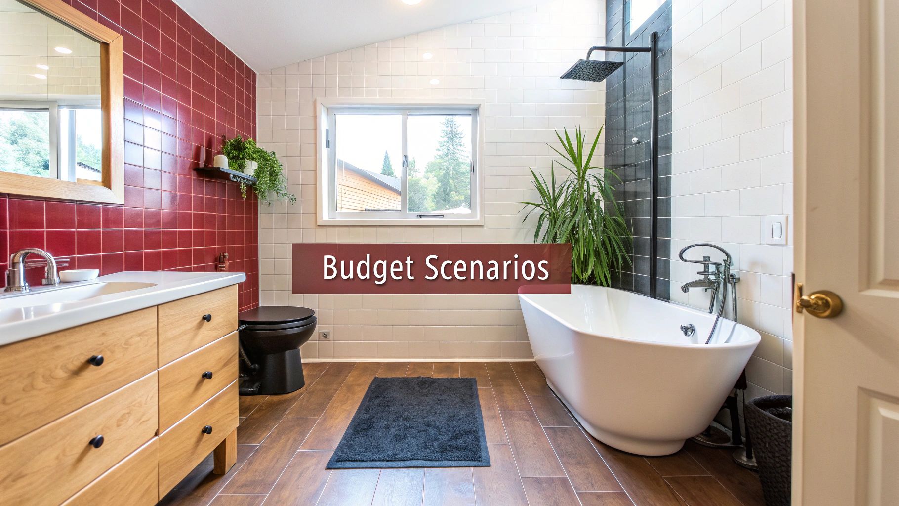A stylish bathroom featuring red and white tiles, a wooden vanity, a black toilet, and a freestanding bathtub.