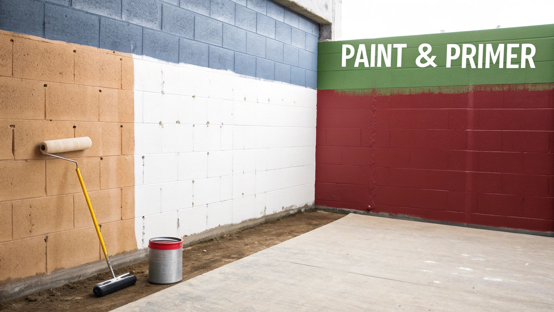 A basement wall undergoing painting, showing sections unpainted, primed white, blue, red, and green.