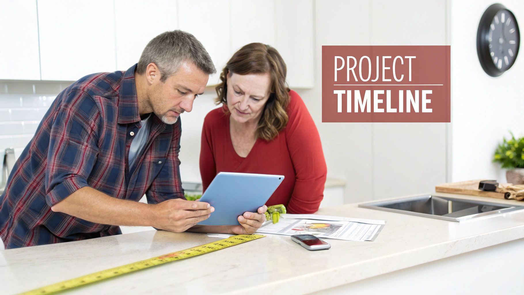 A man and a woman in a kitchen reviewing project plans together on a tablet with a measuring tape.