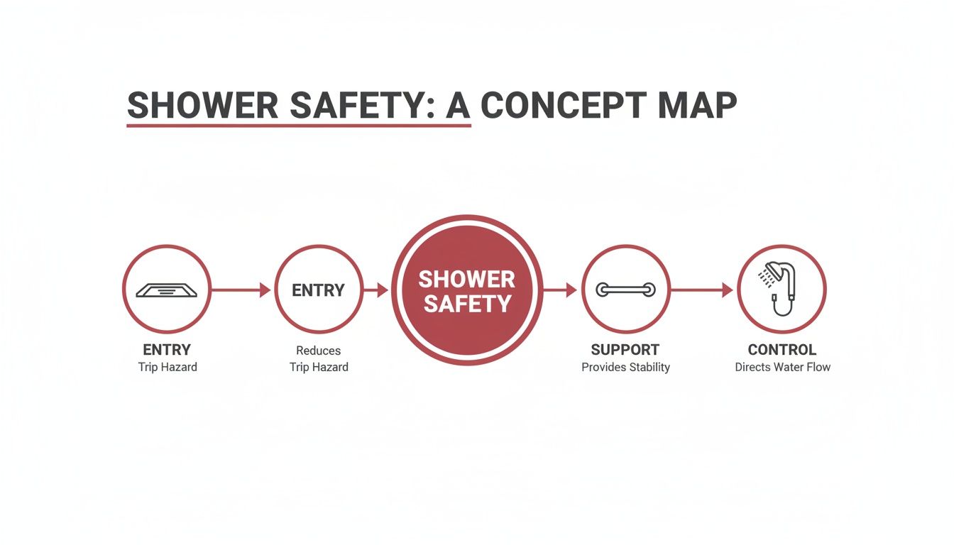 Concept map illustrating shower safety elements: entry to reduce trip hazards, support for stability, and water control.