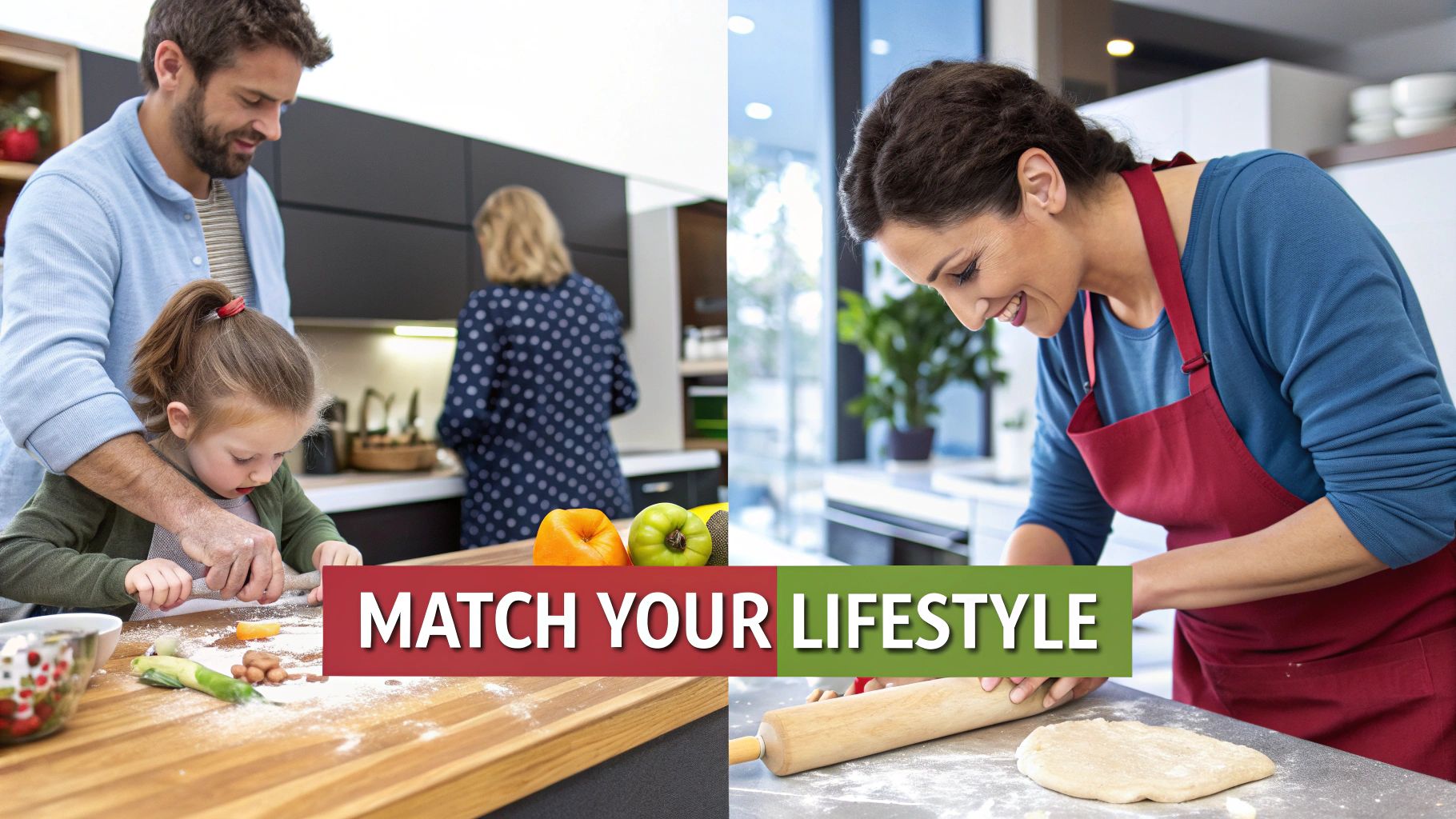 Family cooking together in modern kitchen with wooden countertops and fresh vegetables