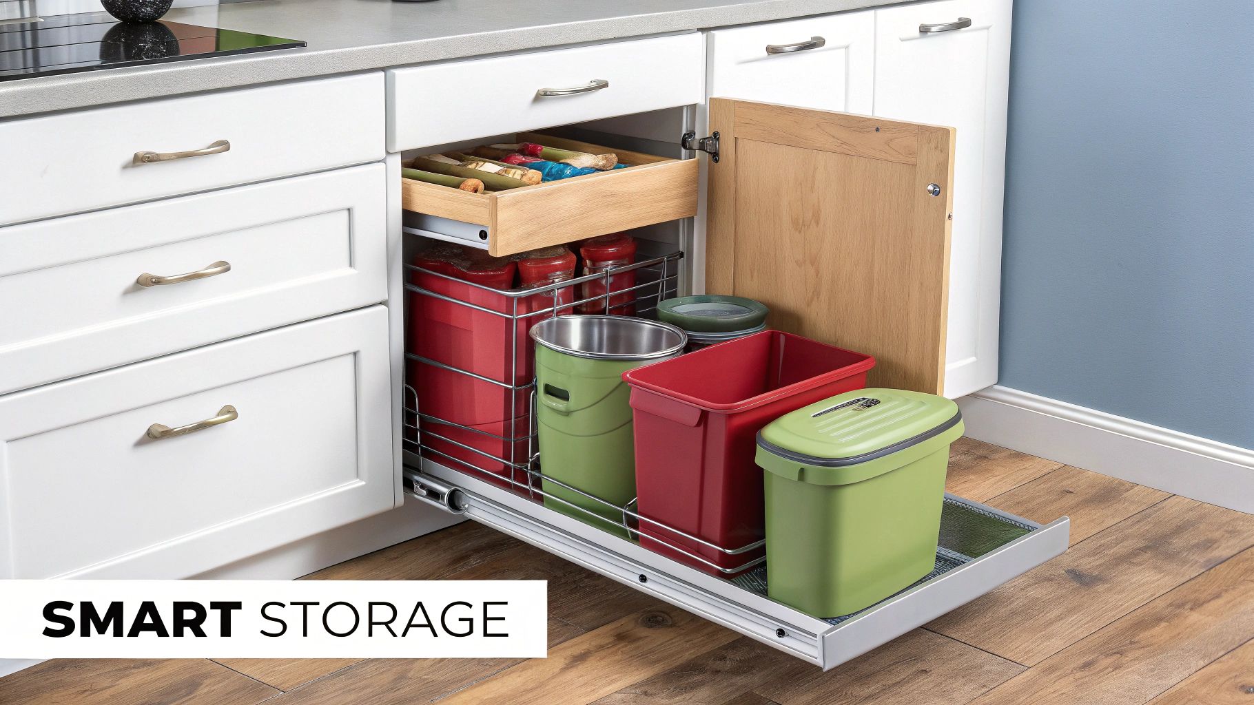 A modern kitchen base cabinet features a smart pull-out storage system with various red and green bins and a utensil tray.