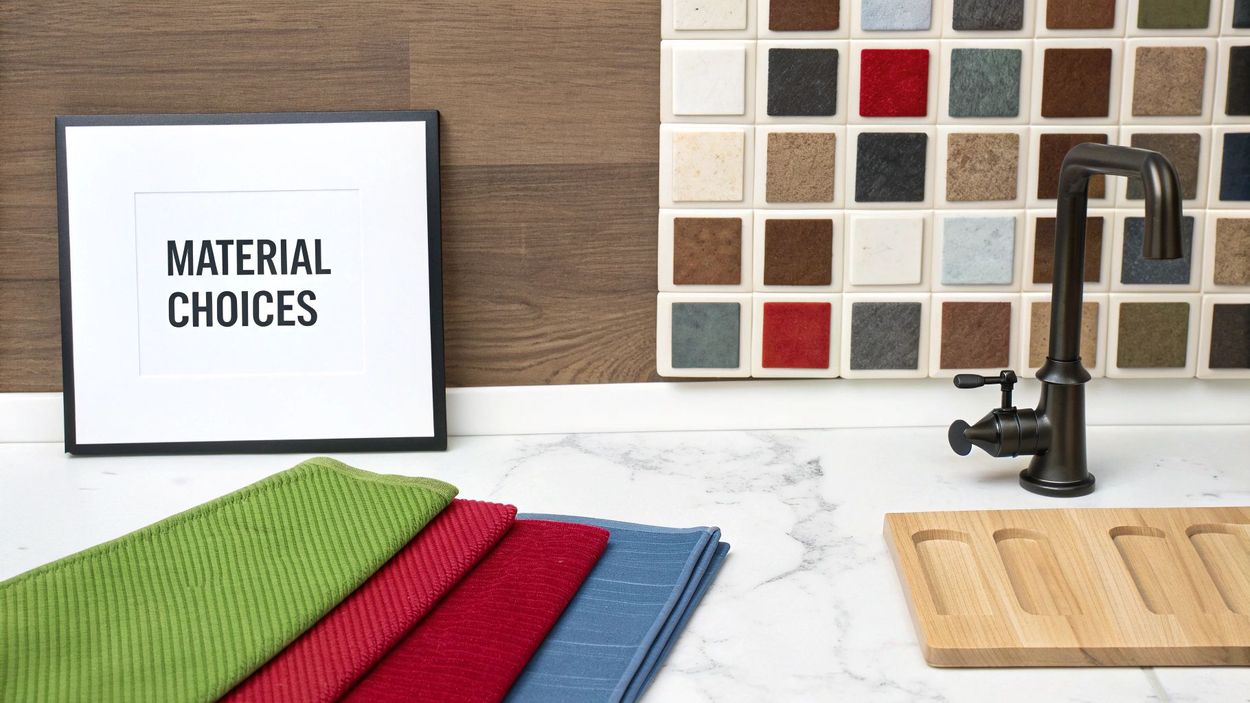 A counter with 'MATERIAL CHOICES' sign, fabric swatches, tile samples, a faucet, and a wooden tray.