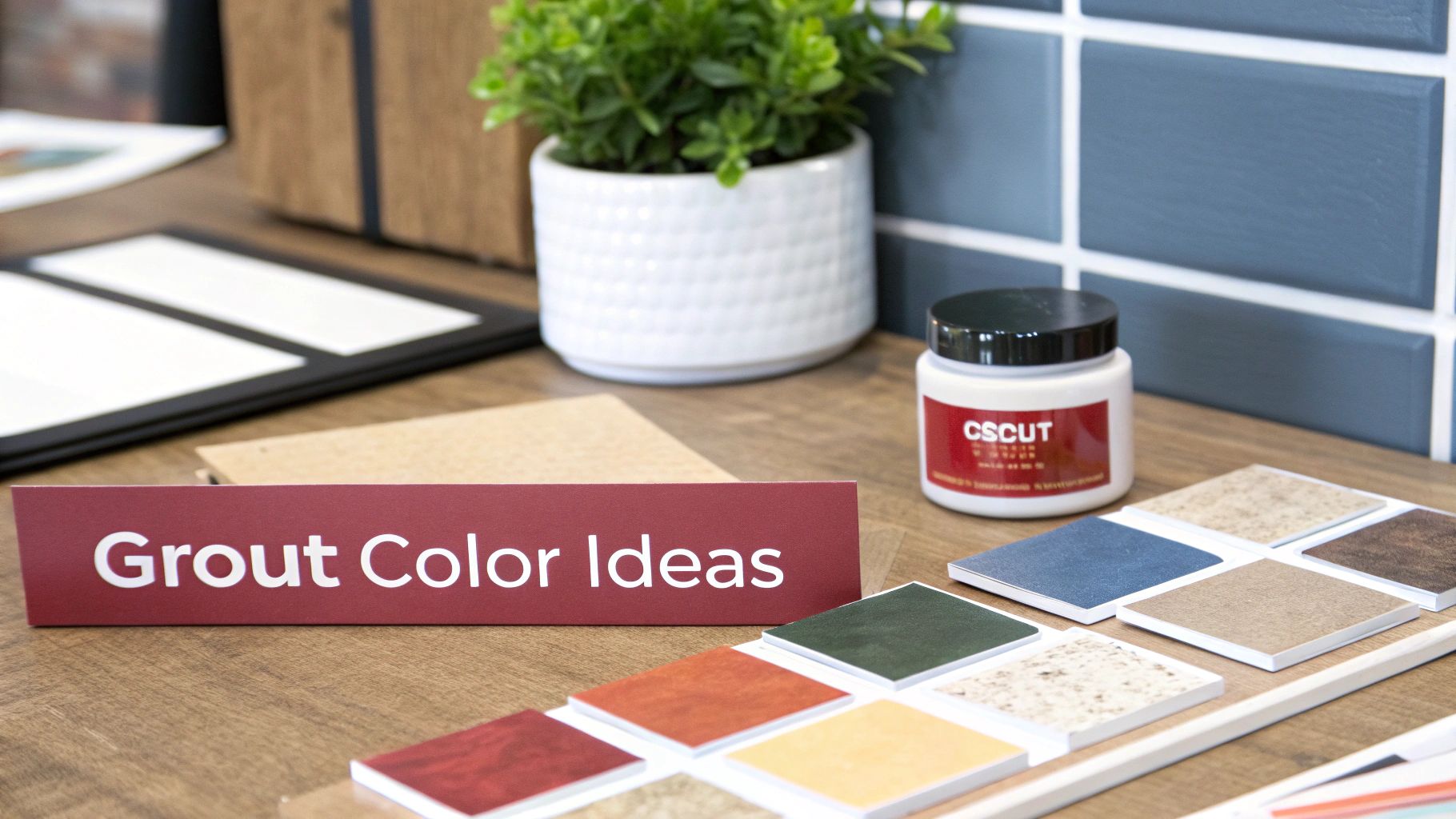 A display of grout color samples, a jar of CSCUT, and a 'Grout Color Ideas' sign on a wooden table.