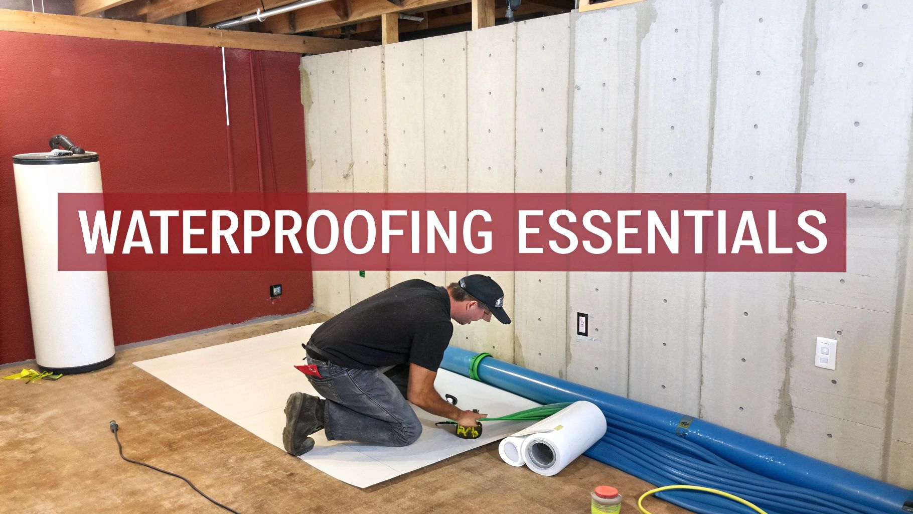 A man kneels in a basement, installing white waterproofing material on the floor near a water heater.