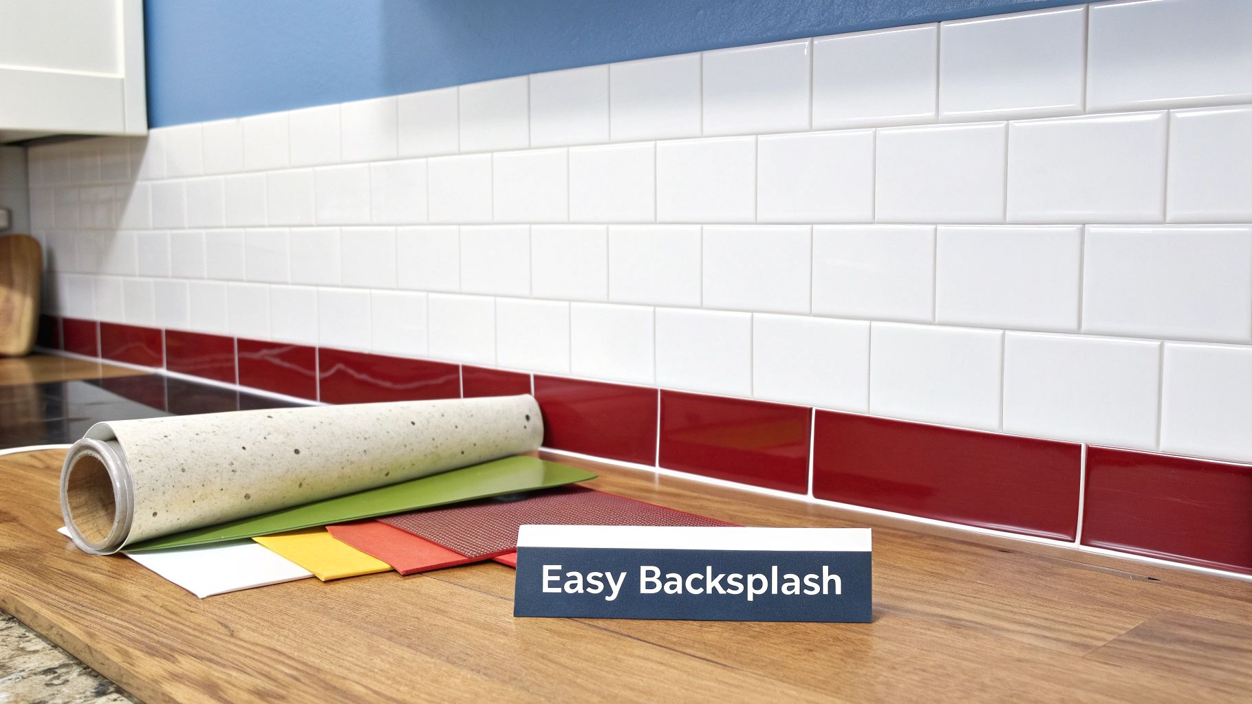 Kitchen backsplash renovation showing white and red subway tiles with color sample swatches and materials