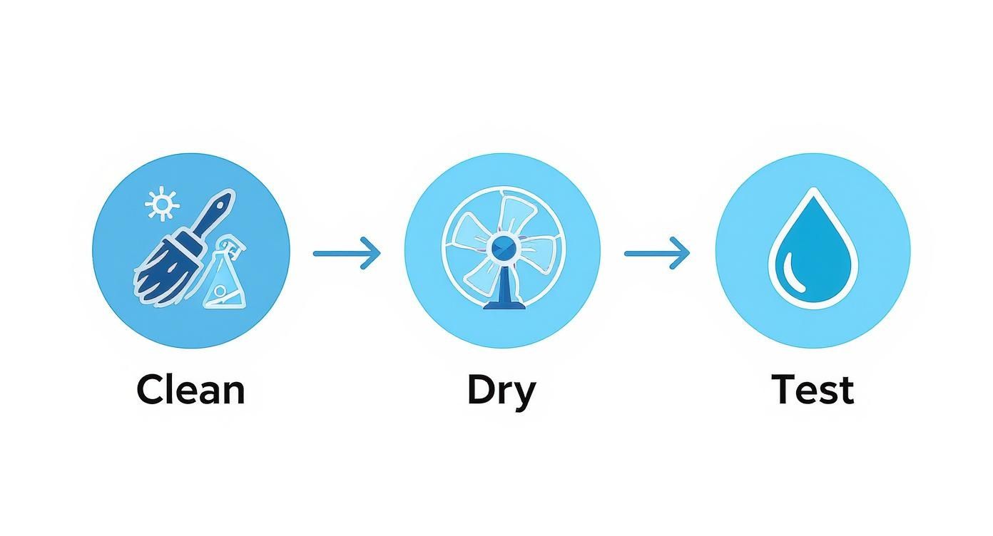A three-step process diagram illustrating icons for clean (brush, spray), dry (fan), and test (water drop).