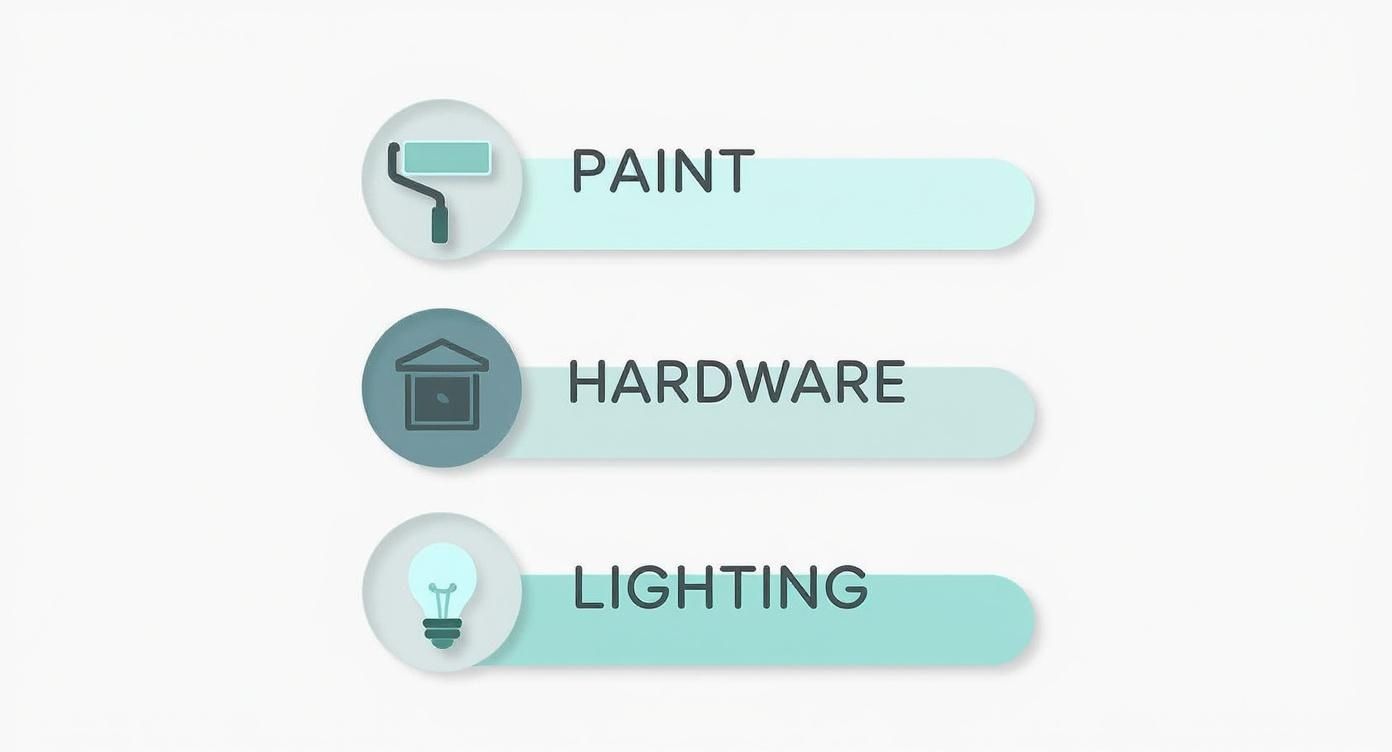 A list of three home improvement categories: Paint, Hardware, and Lighting, each with a relevant icon.