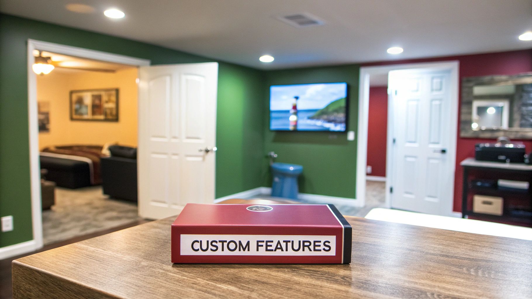 A finished basement with green walls, a TV, and a red box labeled 'Custom Features' on a wooden table.