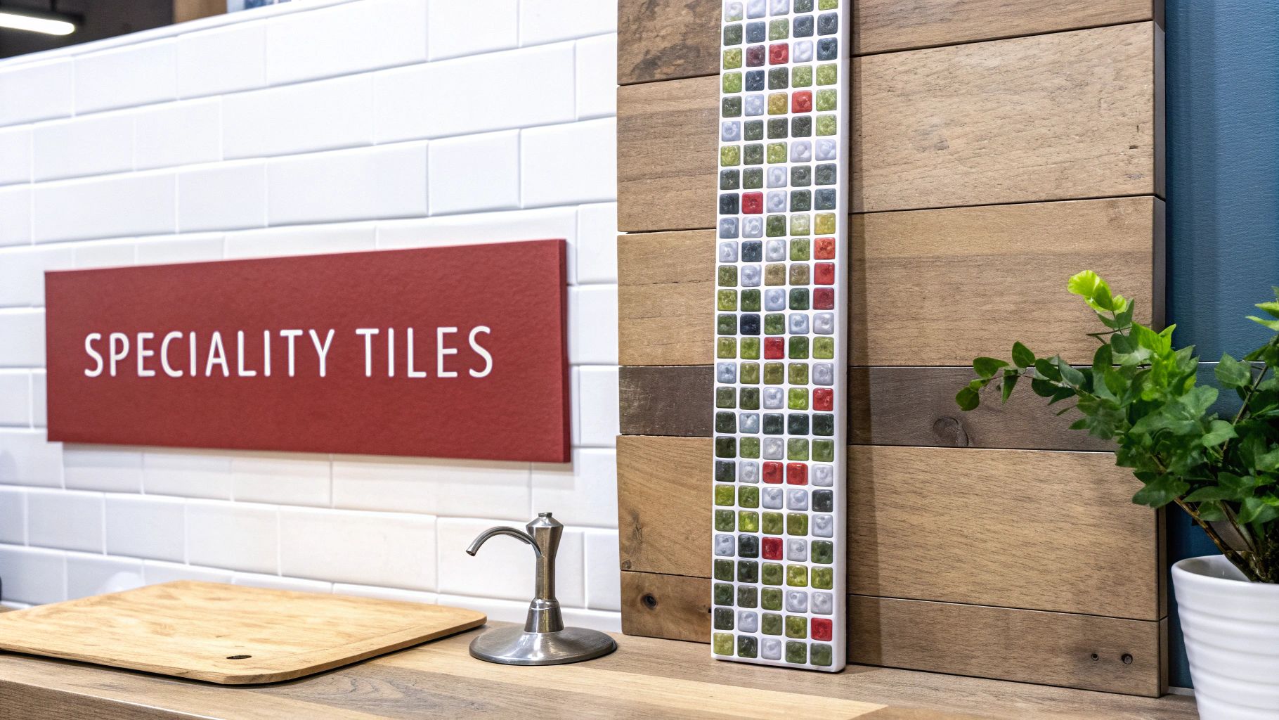 A showroom display featuring a red 'Speciality Tiles' sign, white subway tiles, and a colorful mosaic sample.