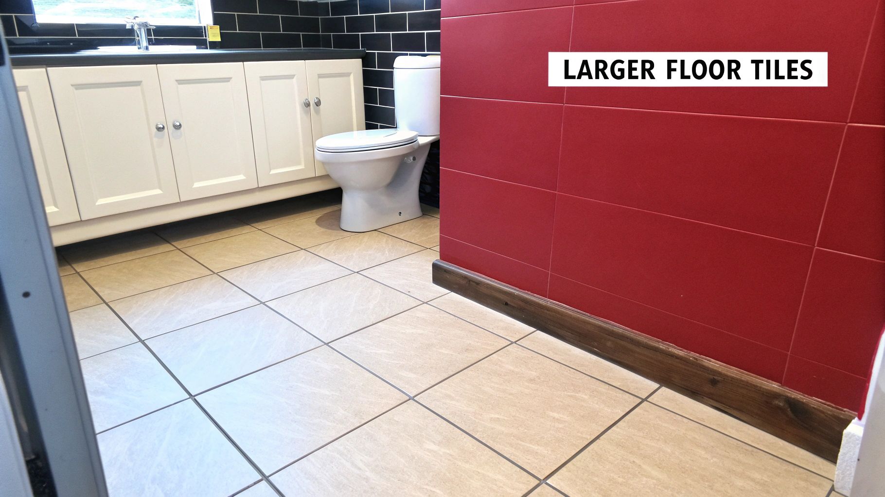 A modern bathroom with light floor tiles, white vanity, a toilet, and red wall tiles.