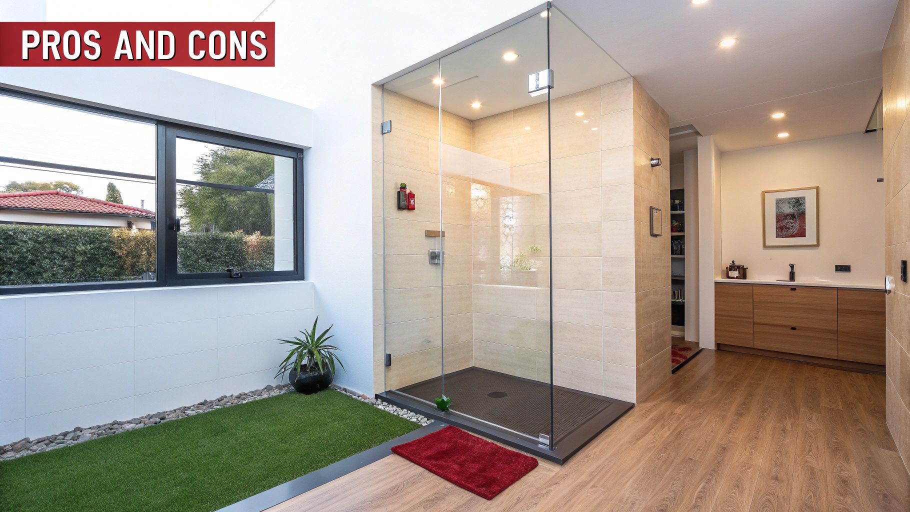 A modern bathroom featuring a curbless shower with a glass panel and clean tile lines.