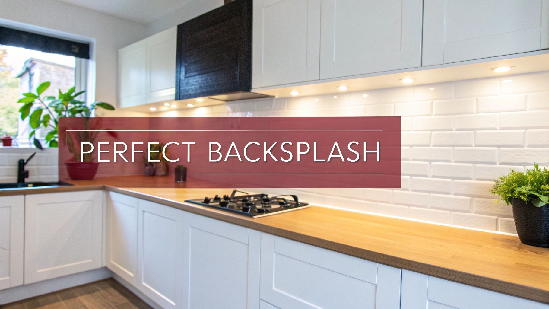 A modern kitchen featuring white cabinets, stainless steel appliances, and a stylish geometric tile backsplash.