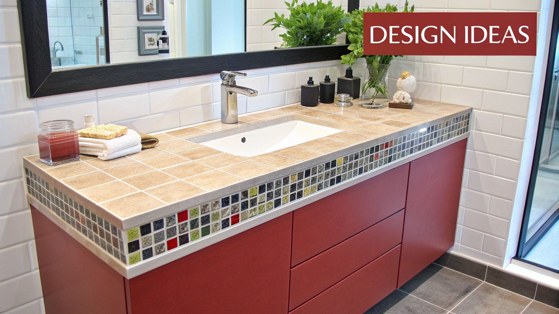 Modern bathroom vanity with tiled countertop, integrated sink, and red cabinet, featuring mosaic tile trim.