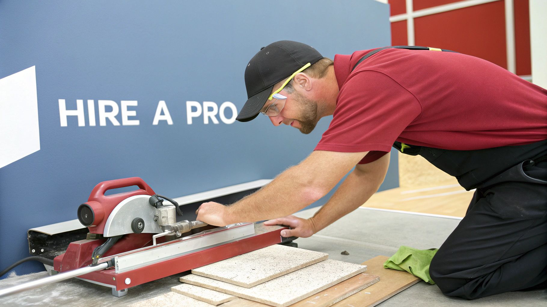A professional tile setter wearing safety glasses and a cap kneels to cut floor tiles with a wet saw.