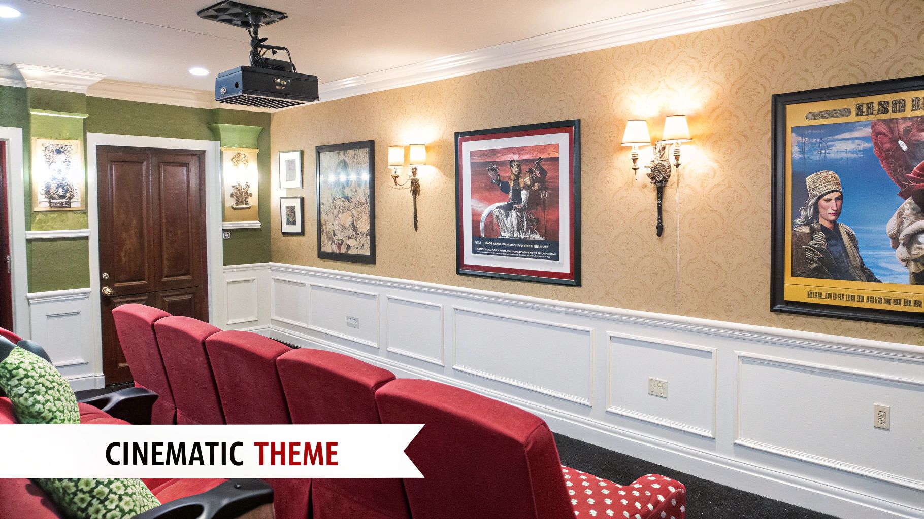 A luxurious home theater room with red reclining seats, a ceiling-mounted projector, and classic movie posters.