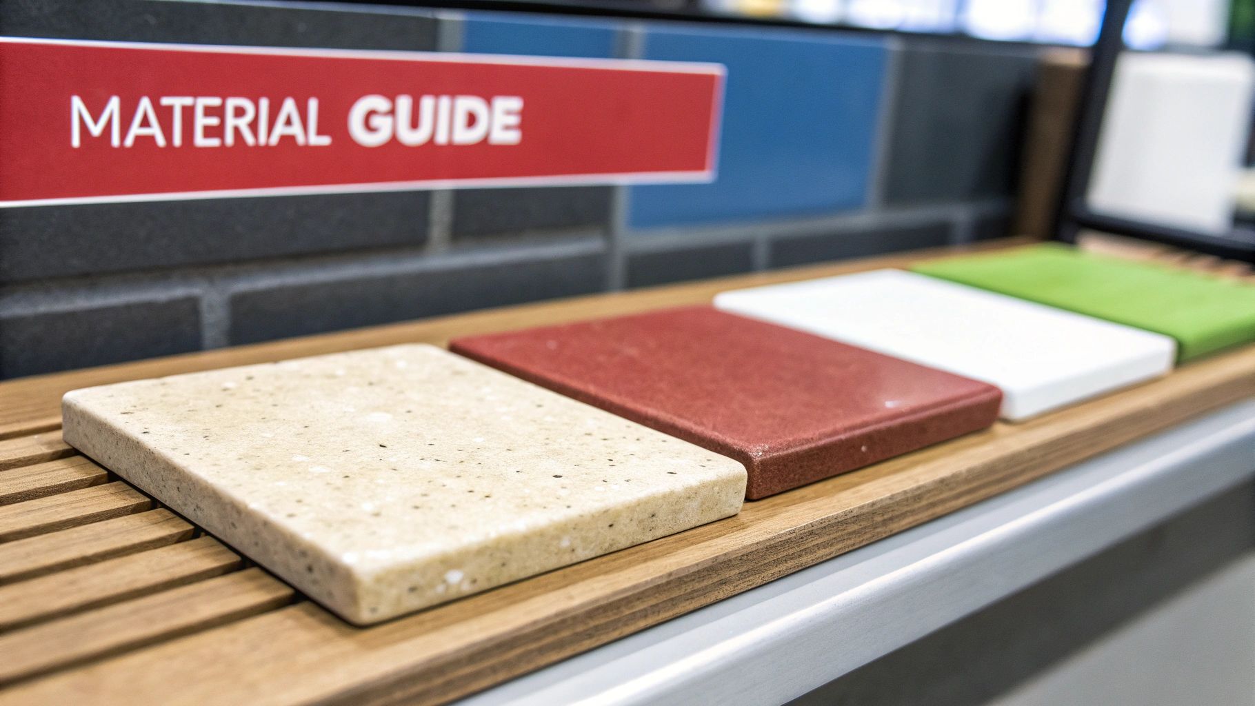 Material samples in beige, red, white, and green displayed on a wooden stand with a 'MATERIAL GUIDE' sign.