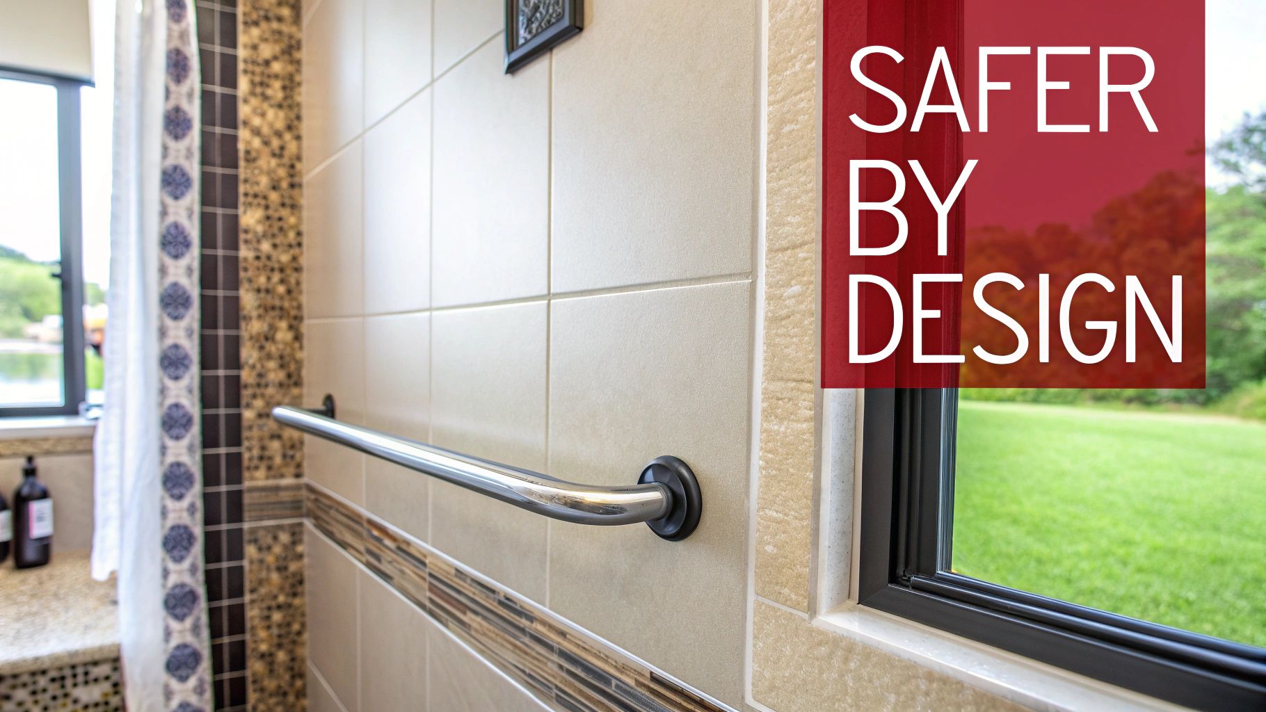A modern shower with beige tiles, a chrome grab bar, and a window overlooking a green yard.